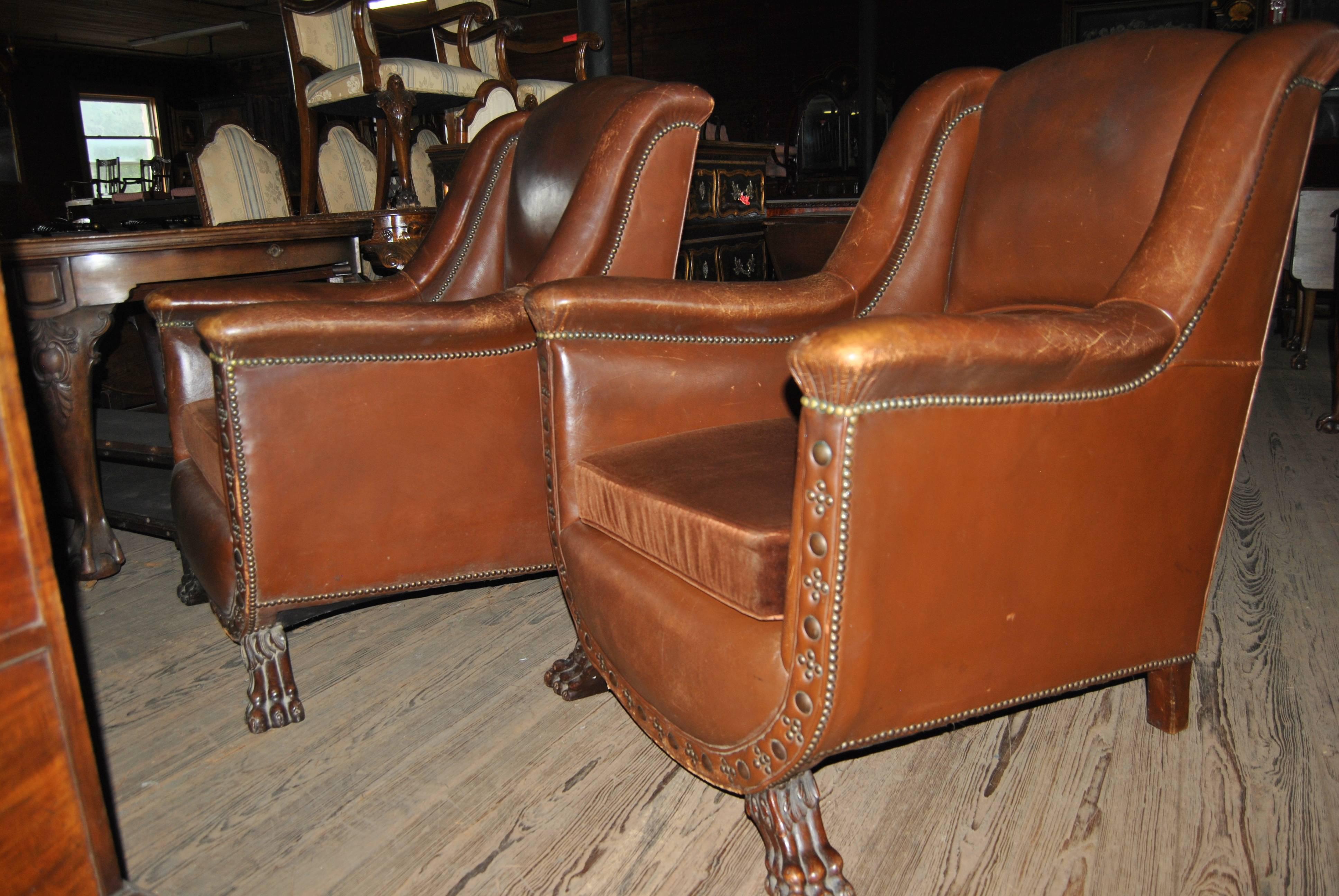 Early 20th Century Pair of Leather English Art Deco Club Chairs