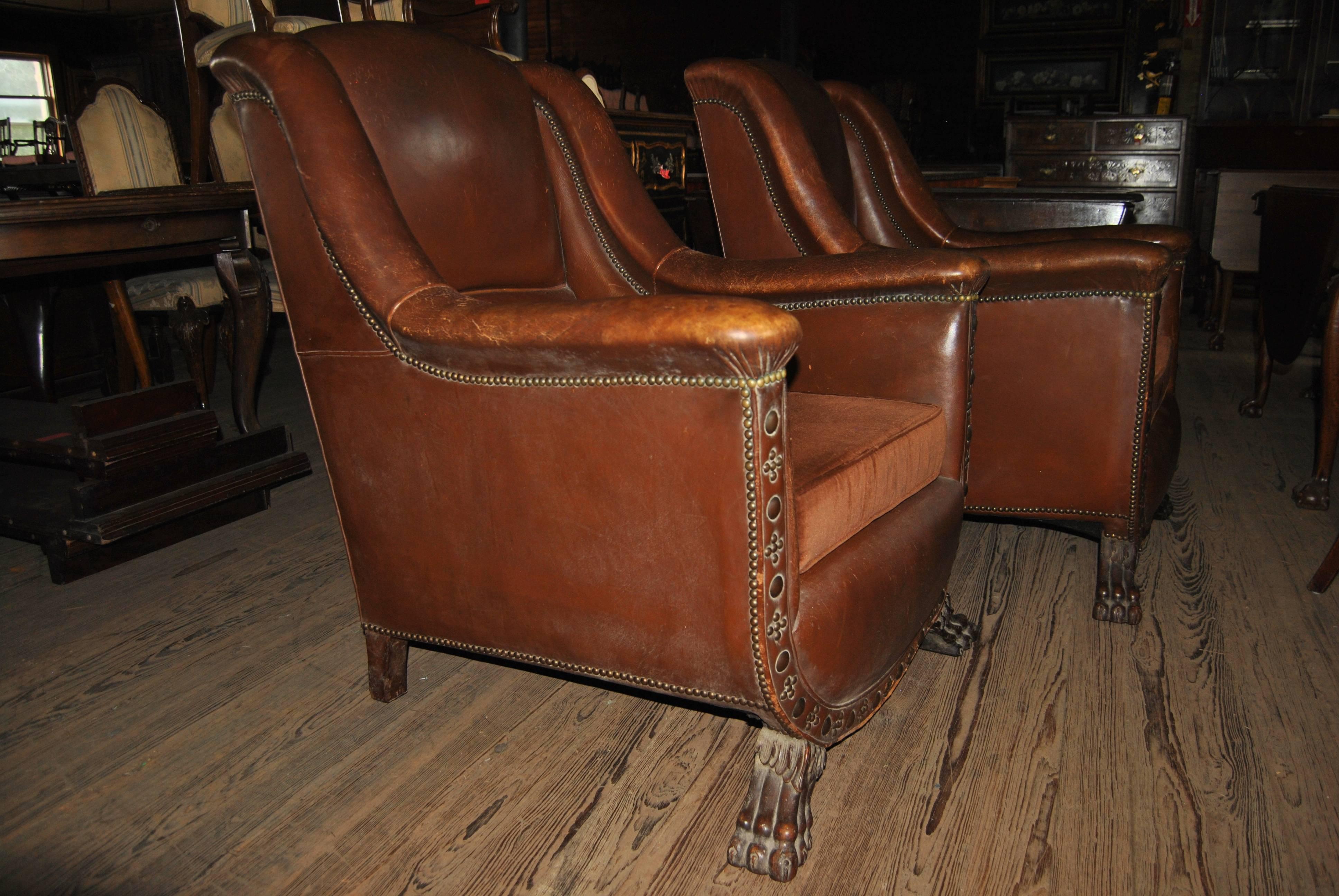 Pair of Leather English Art Deco Club Chairs 1