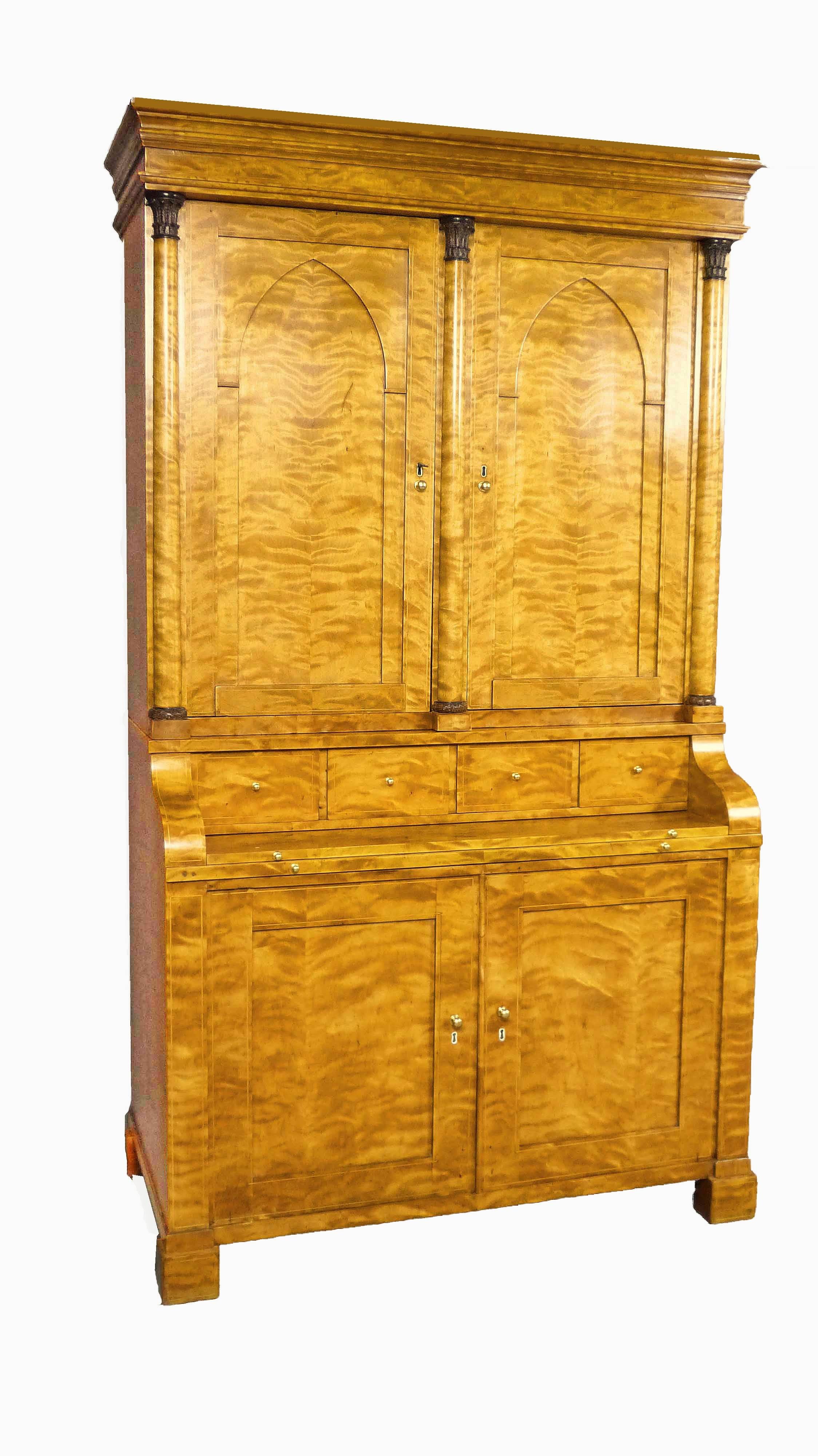 Secretaire Bureau Bookcase 19th Century Swedish Biedermeier Satin Birch In Excellent Condition In Santander, ES