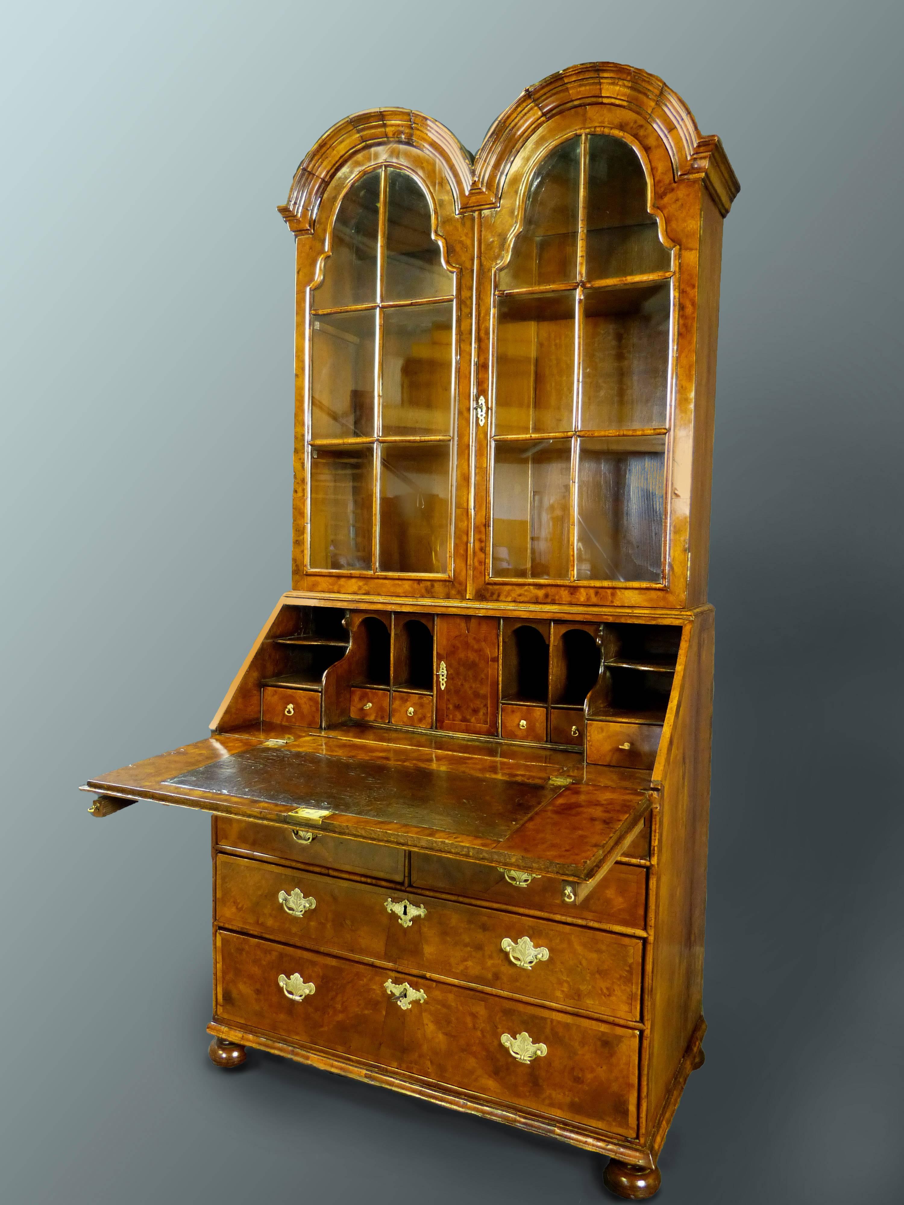 British 18th Century Queen Anne Double Dome Secretary, Bureau Bookcase