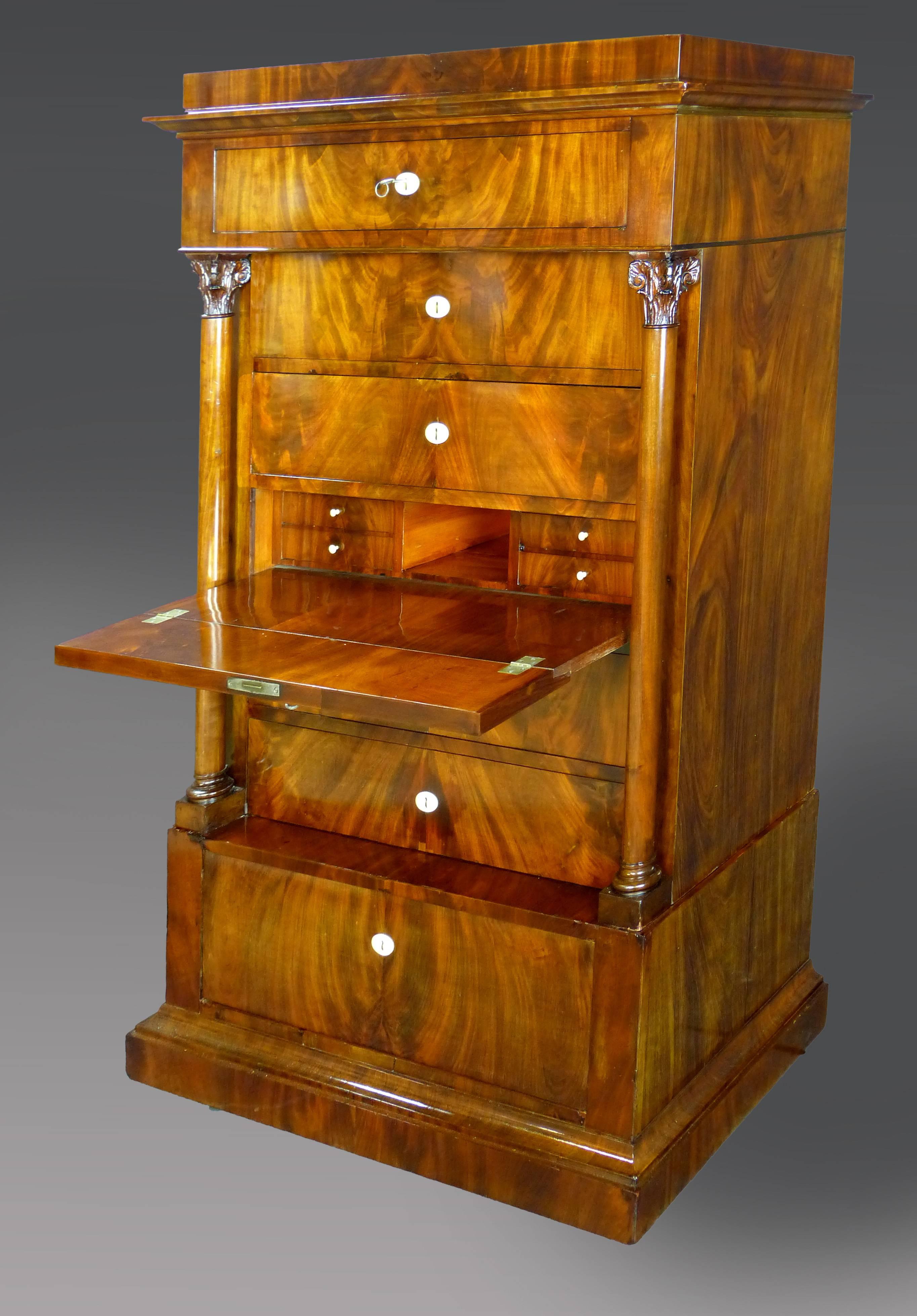 Danish 19th Century Biedermeier Tall Commode Chest of Drawers with Secretaire