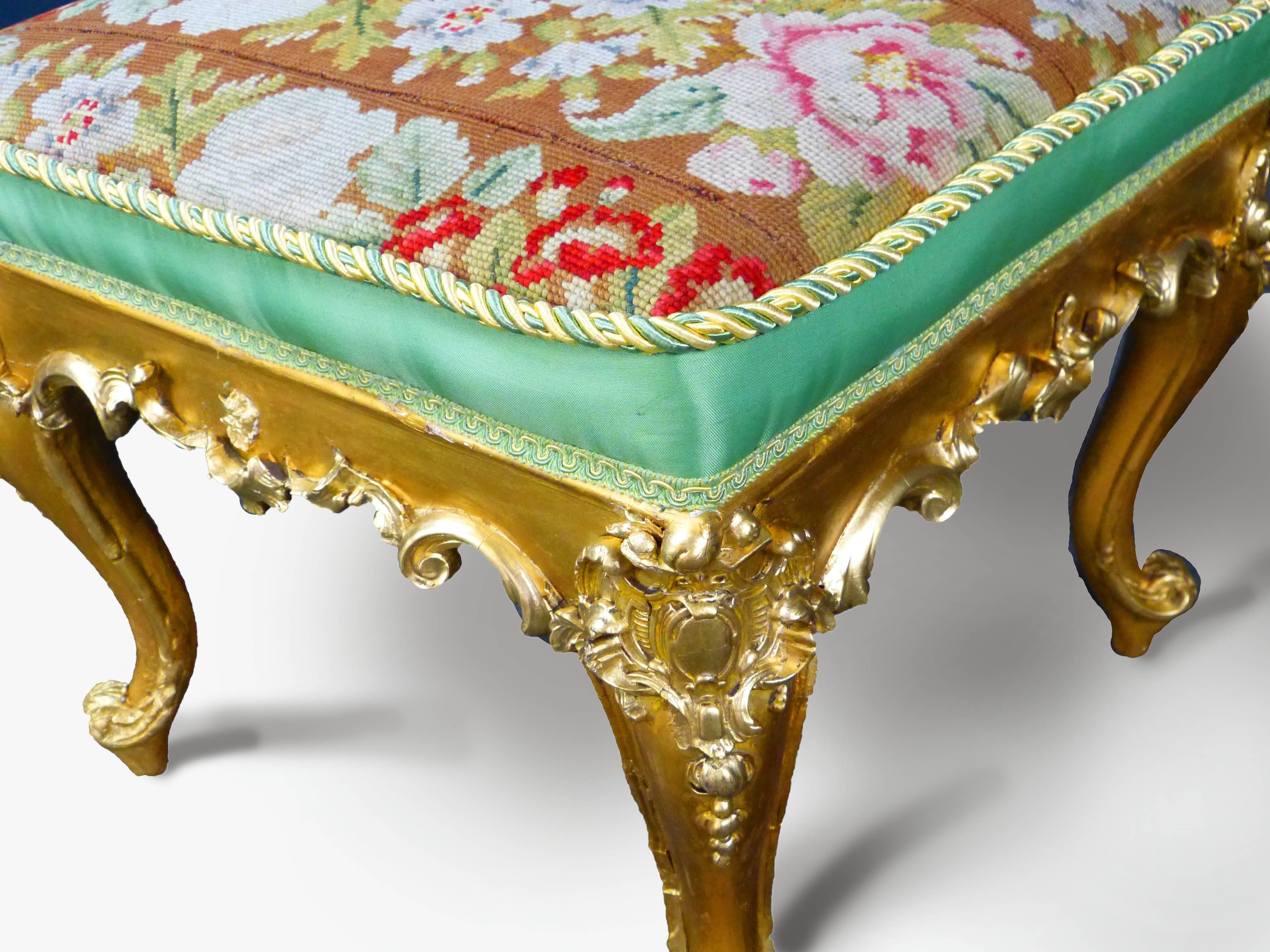 French Late 19th Century Louis XV Style Giltwood and Petit Point Stool
