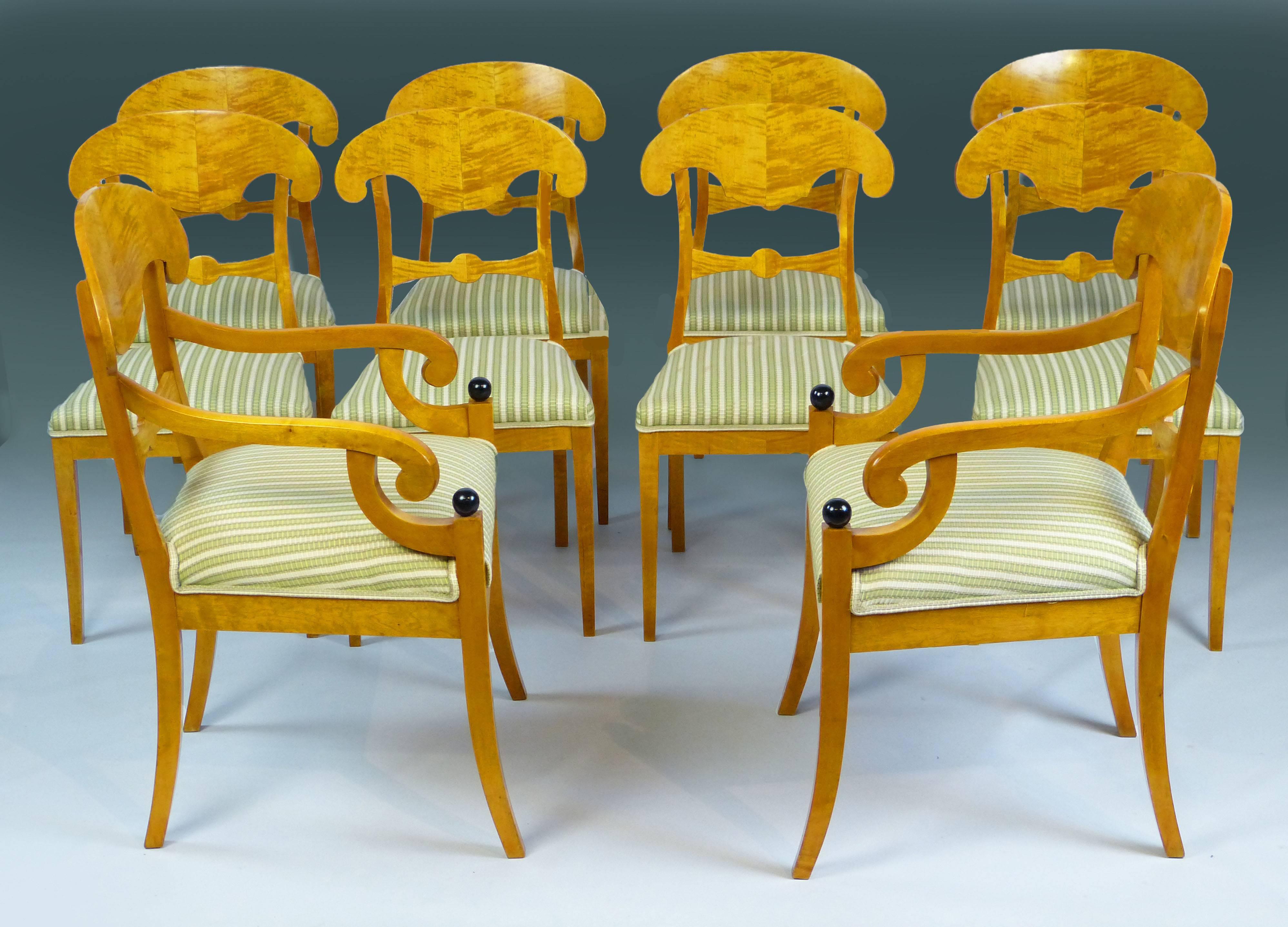 Dining Chair Rare Set of 10 Biedermeier Swedish Satin Birch with 2 Armchairs  In Excellent Condition In Santander, ES