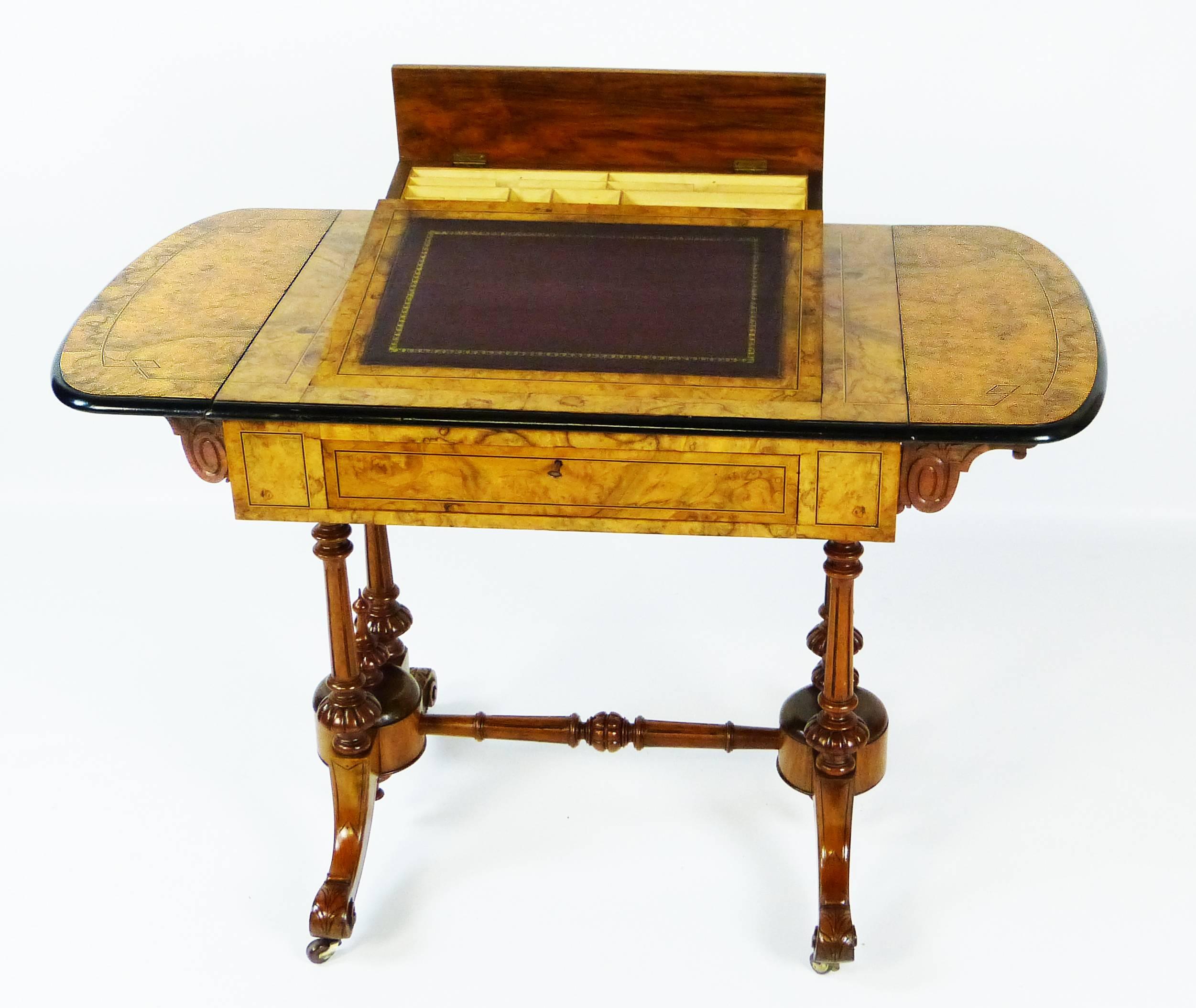 19th Century Victorian Davenport Type Desk Rising Lectern Ebony inlaid Burr Walnut 