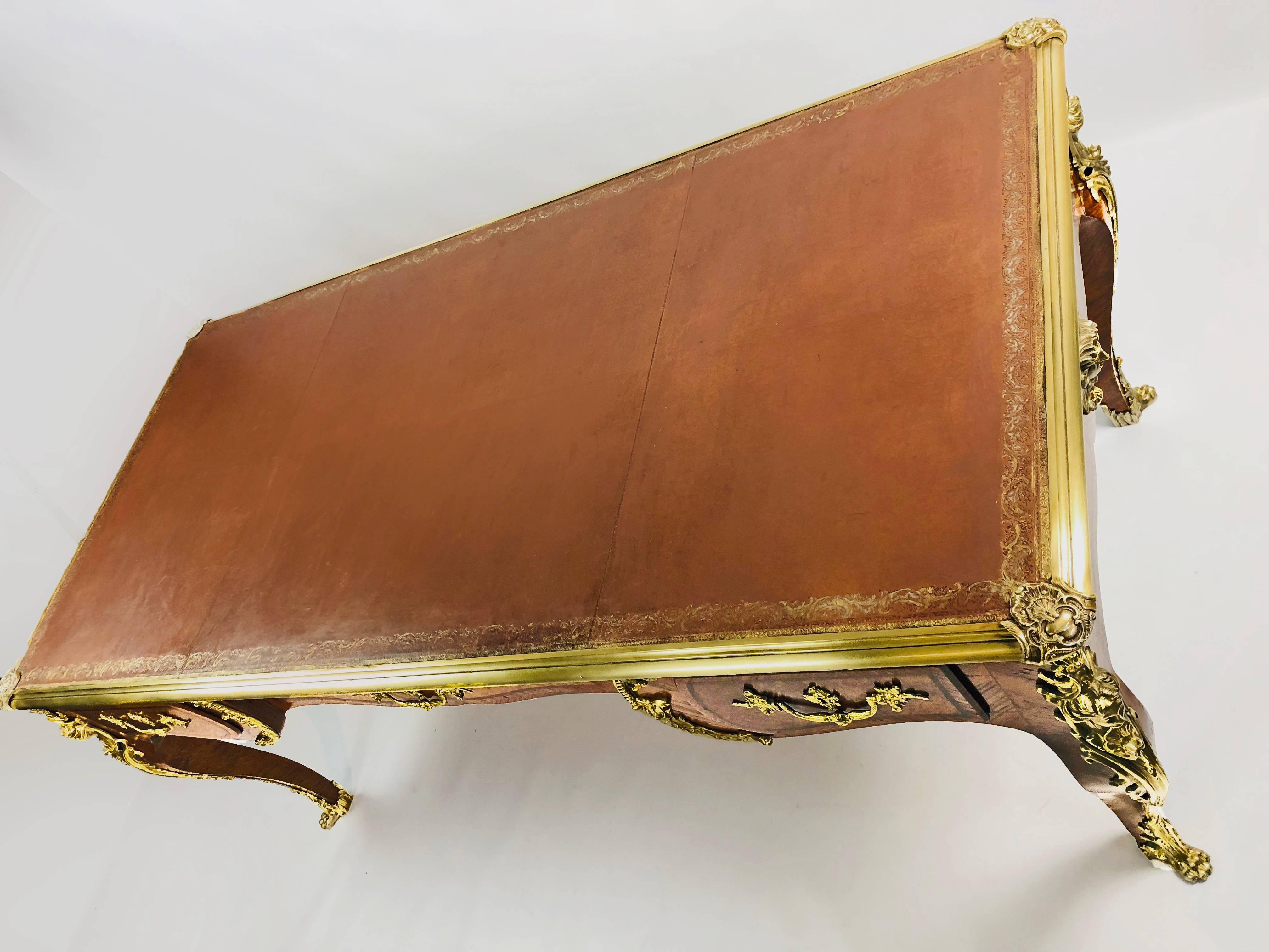 Marquetry Desk Bureau Plat 19th Century in the Louis XV Manner