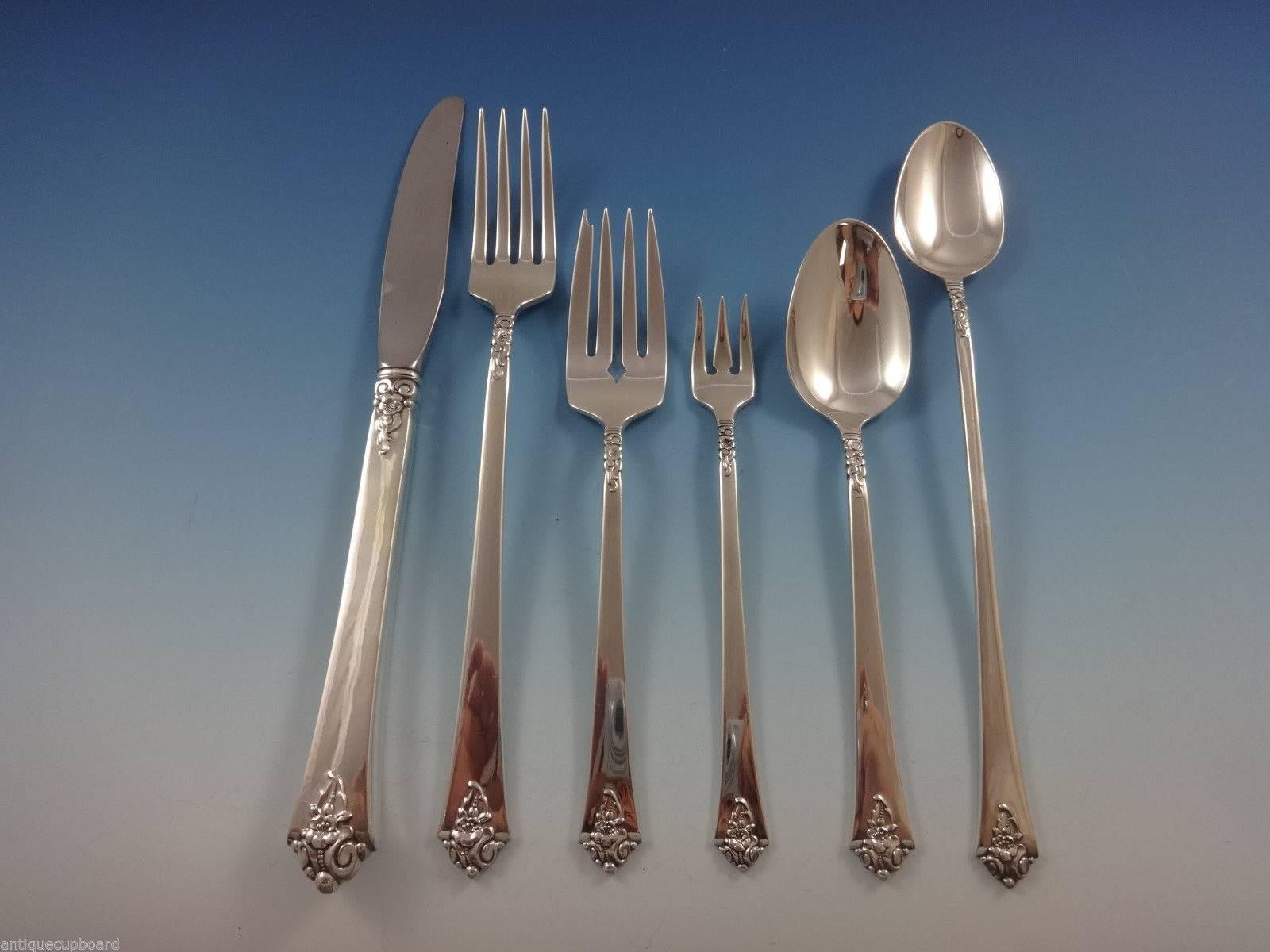 Beautiful Castle Rose by Royal Crest sterling silver flatware set, grille size (With long handles on the knife and fork), 48 pieces. This set includes:

Eight grille knives, 8 1/4
