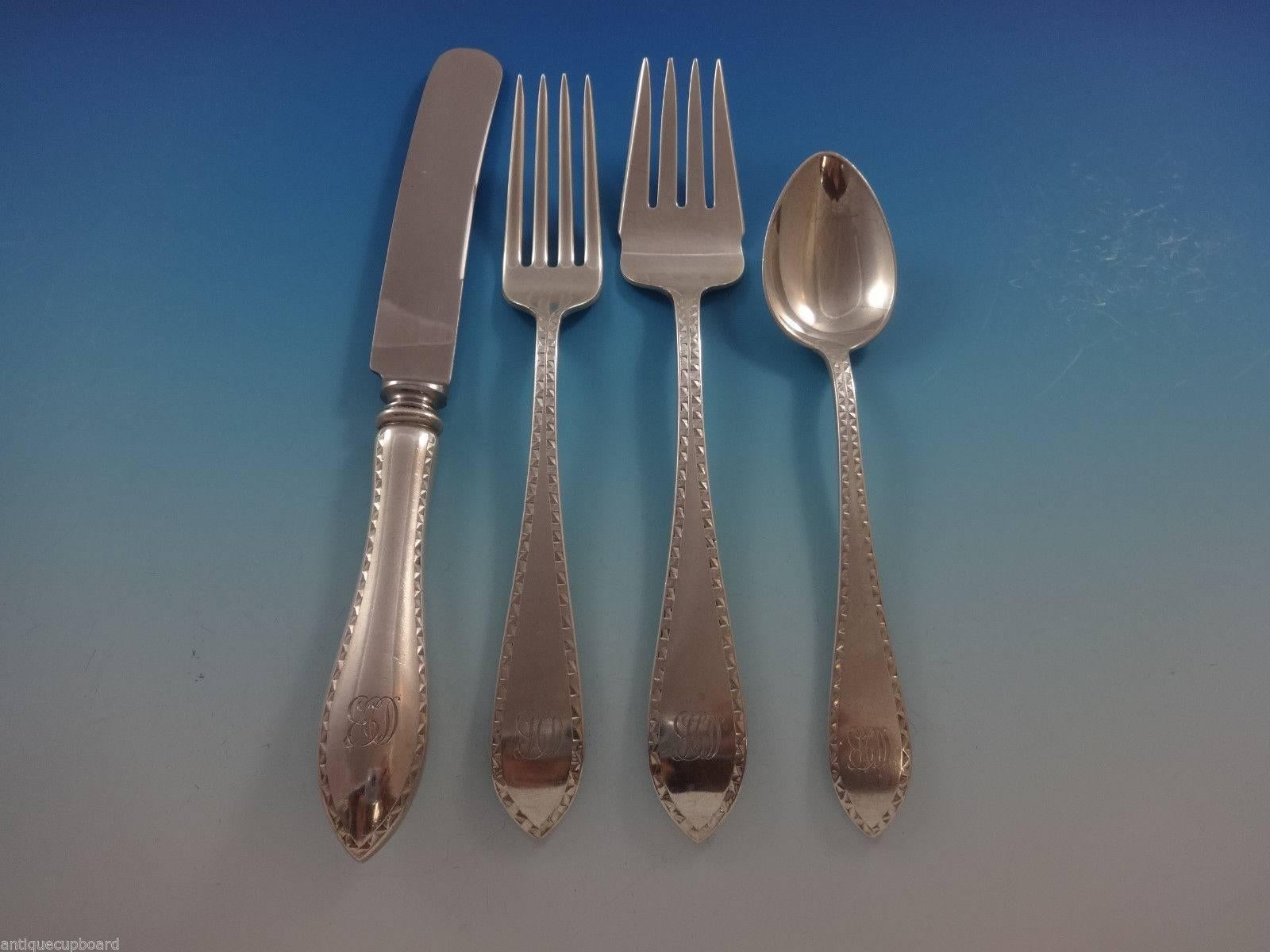 Late 19th Century Pointed Antique Engraved Dominick & Haff Sterling Silver Flatware Service Set For Sale