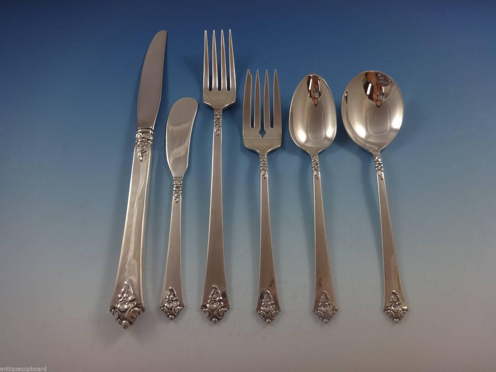 Beautiful Castle Rose by Royal Crest sterling silver flatware set, grille size (with long handles on the knife and fork) - 48 pieces. This set includes:

Eight grille knives, 8 1/4