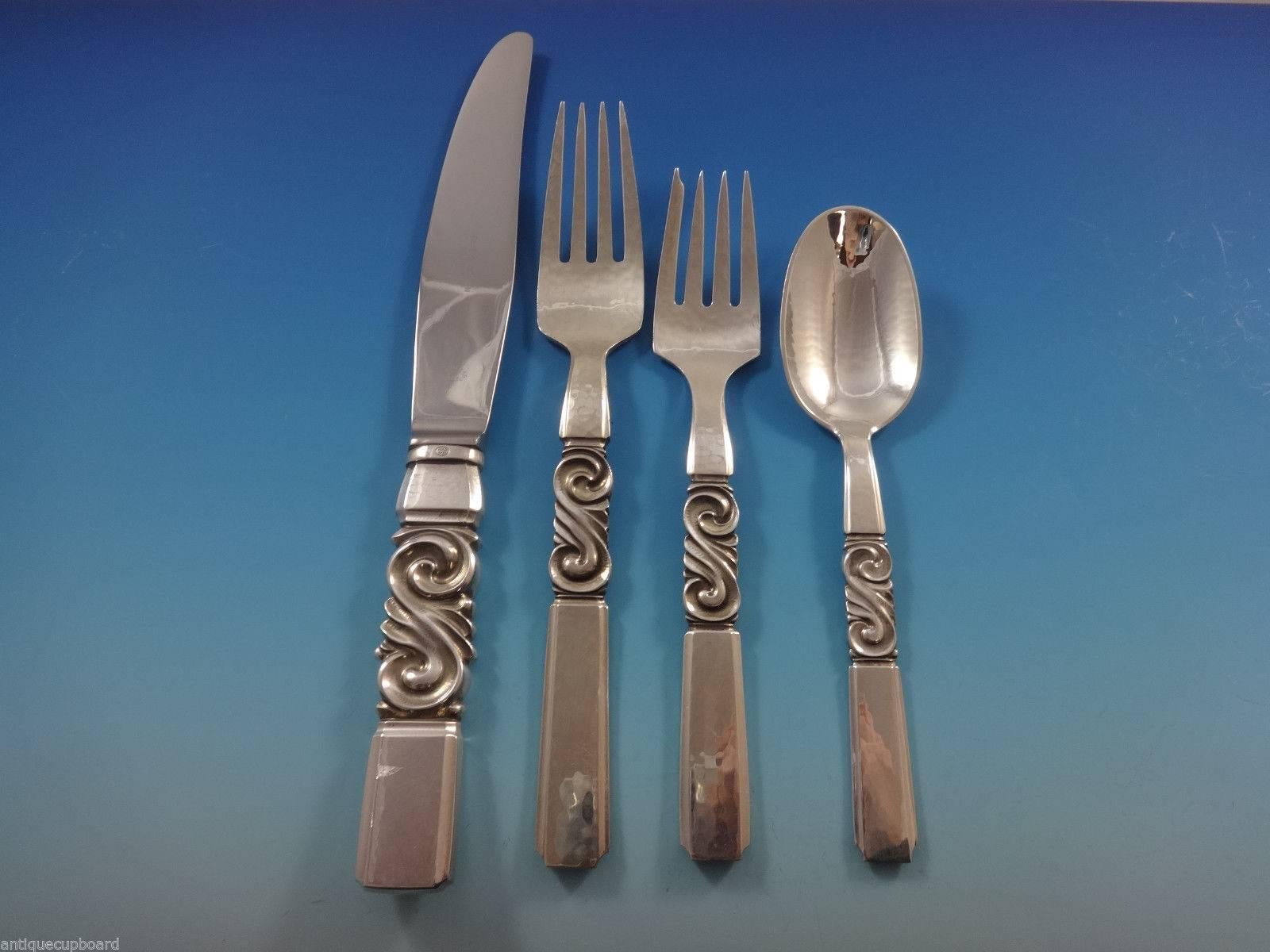 Scroll by Georg Jensen Sterling Silver Flatware Dinner Set of 12 Service In Excellent Condition In Big Bend, WI
