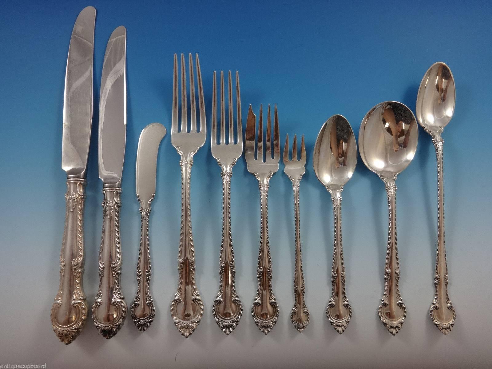 Large English Gadroon by Gorham sterling silver dinner and luncheon size flatware set - 95 pieces. This set includes:

Eight dinner size knives, 9 5/8