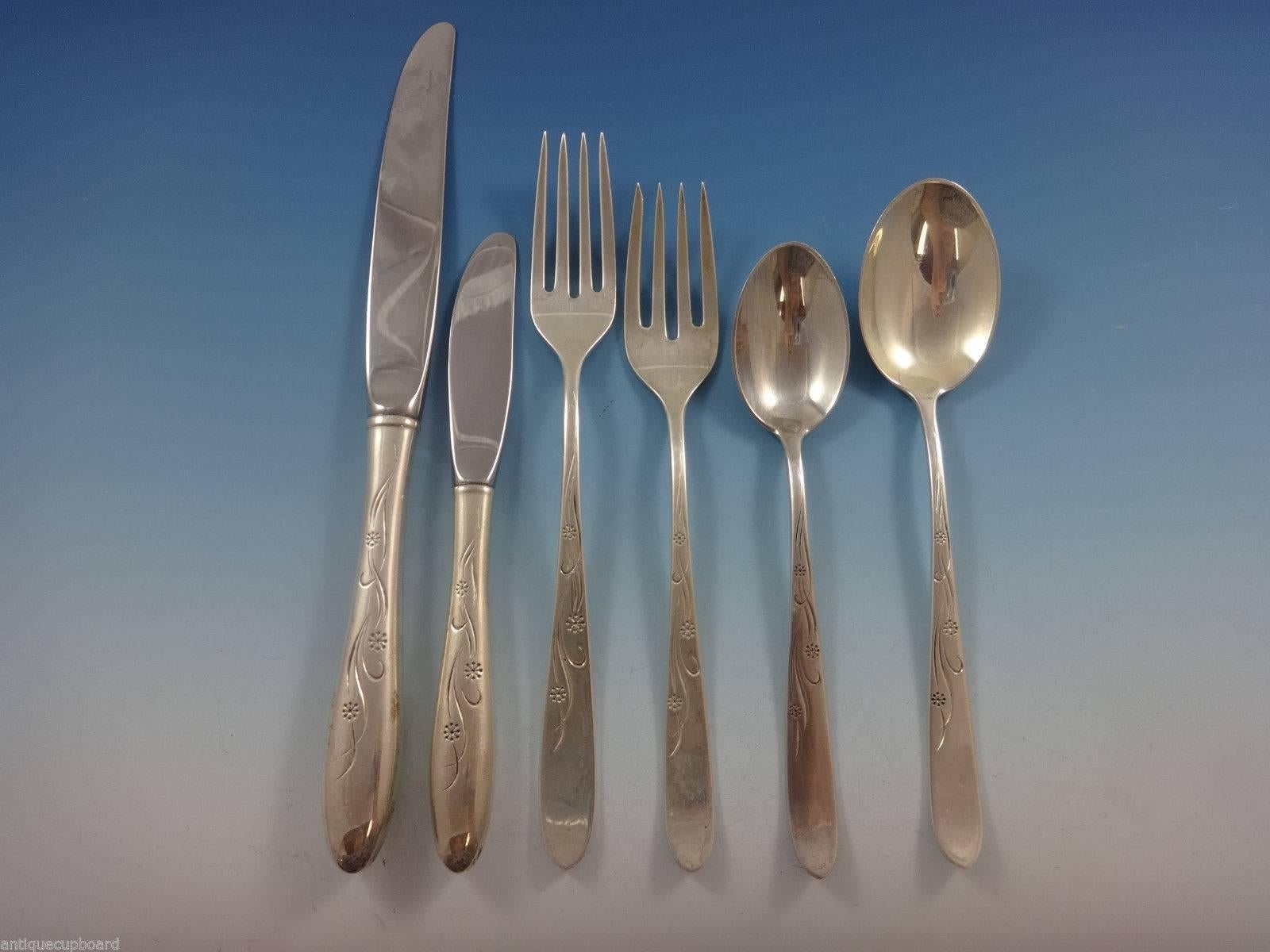 Lovely Cynthia Engraved by Kirk sterling silver flatware set of 77 pieces. This set includes:

12 knives, 9 1/8