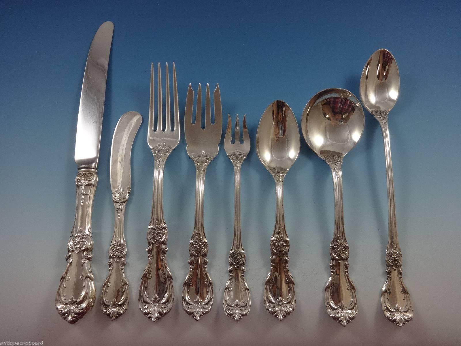 Inspired by the French Renaissance, the Burgundy Sterling Silver flatware pattern from Reed & Barton is decorated with motifs of scrolls, leaves and flowers which captures old world elegance with up-to-date flourishes. 

Beautiful huge Burgundy By