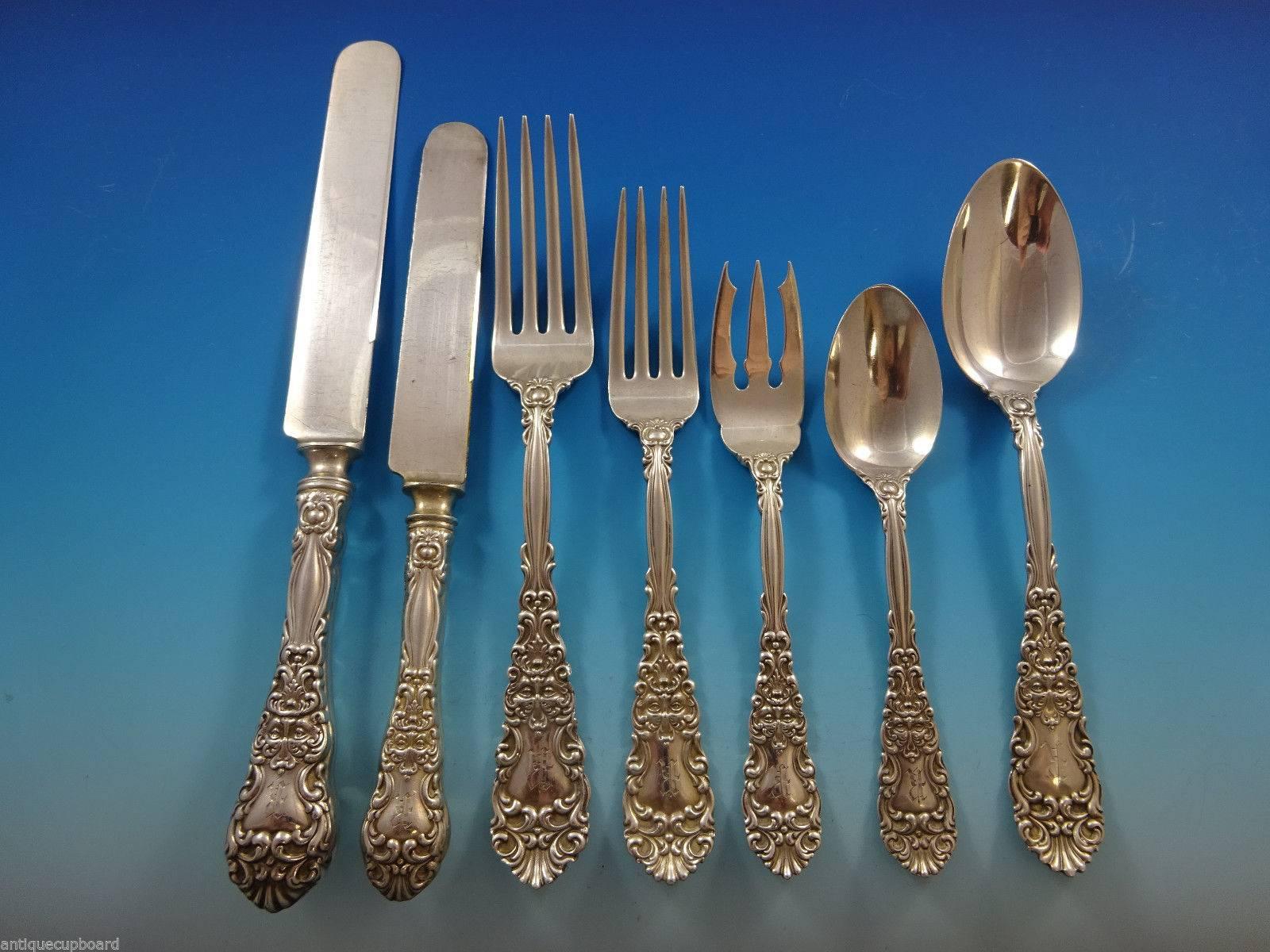 Renaissance by Dominick & Haff sterling silver dinner and luncheon size flatware set of 44 pieces. This scarce figural pattern features a North Wind Face on the handle and on the back of the spoon bowls in fine detail. This set includes:

Six dinner