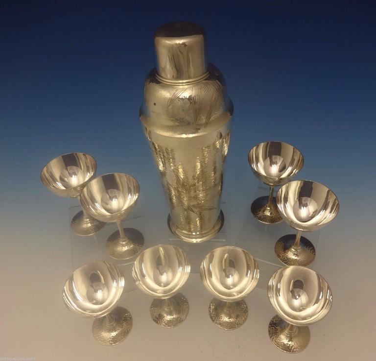 Bamboo Japanese 970 Silver Martini Shaker and Goblet Set NinePiece Bar