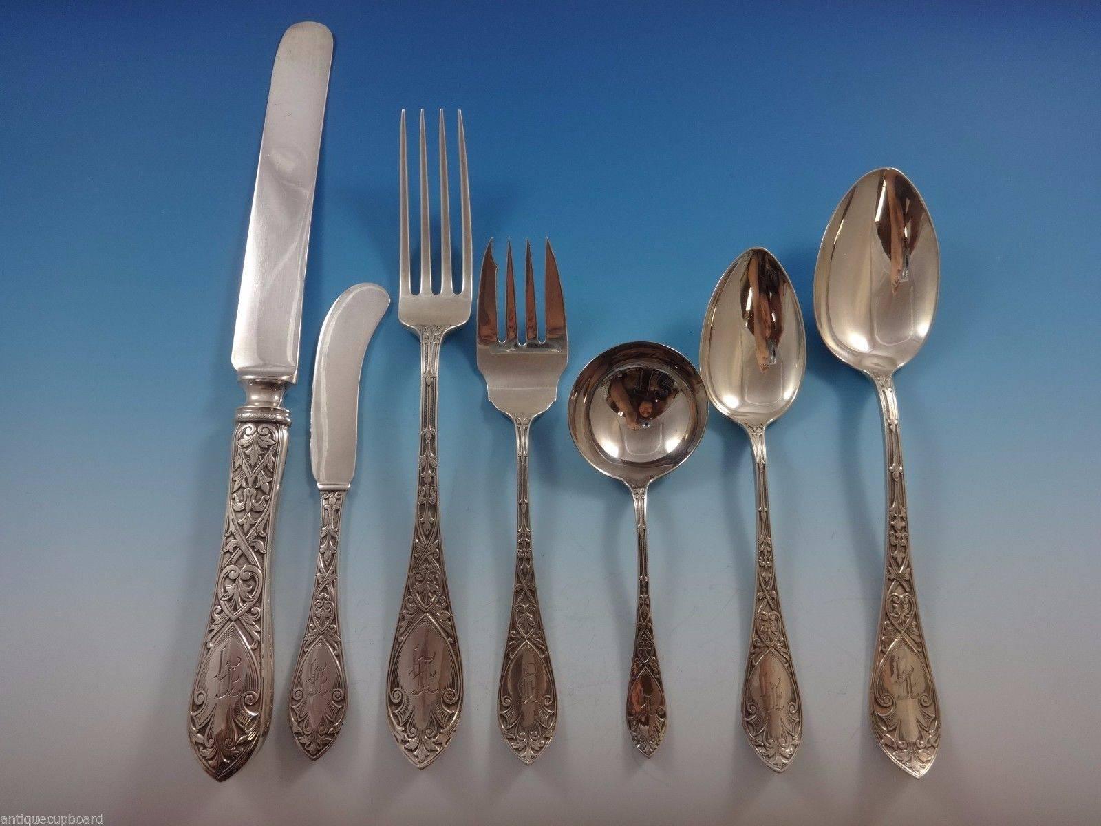 Beautiful Orleans by Watson sterling silver flatware set of dinner size 56 pieces. This scarce, circa 1915, pattern is a lost art in sterling flatware! This set includes:

Eight dinner size knives, 9 7/8