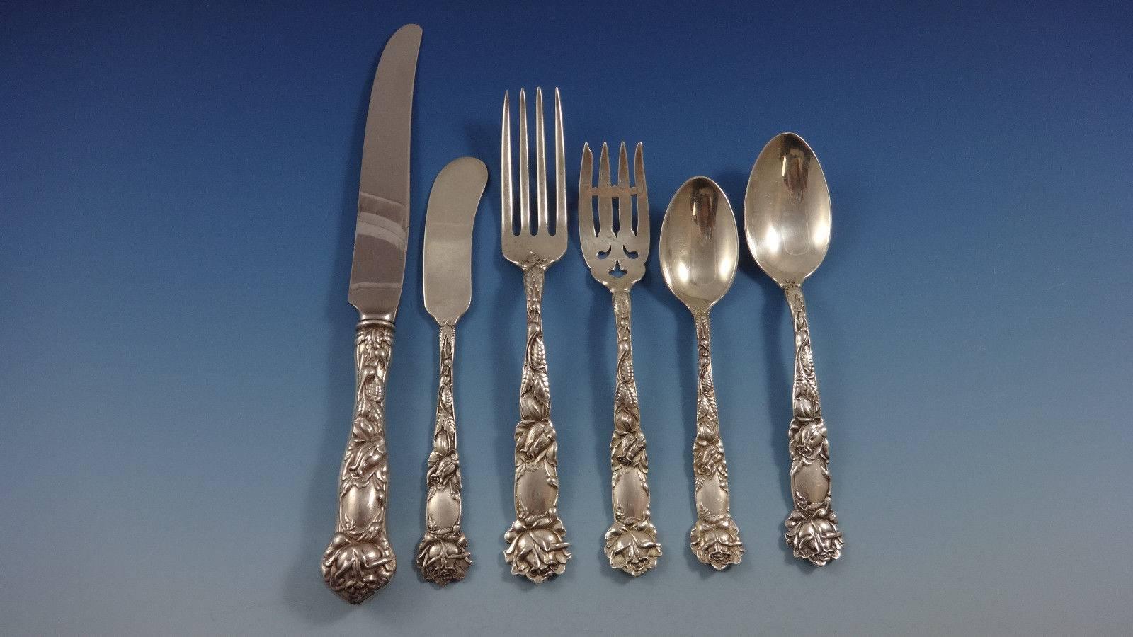 Beautiful Art Nouveau bridal rose by Alvin Vintage sterling silver set of 57 pieces. This set includes:

Eight knives, 9