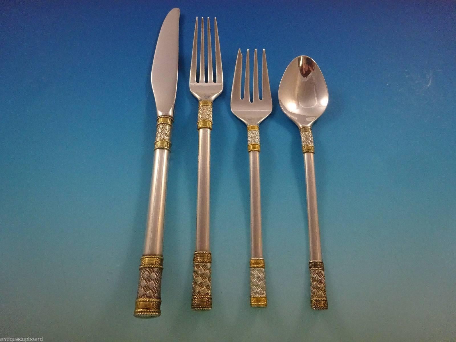 Aegean Weave Gold by Wallace Sterling Silver Flatware Set 6 Service 30 Pieces In Excellent Condition In Big Bend, WI