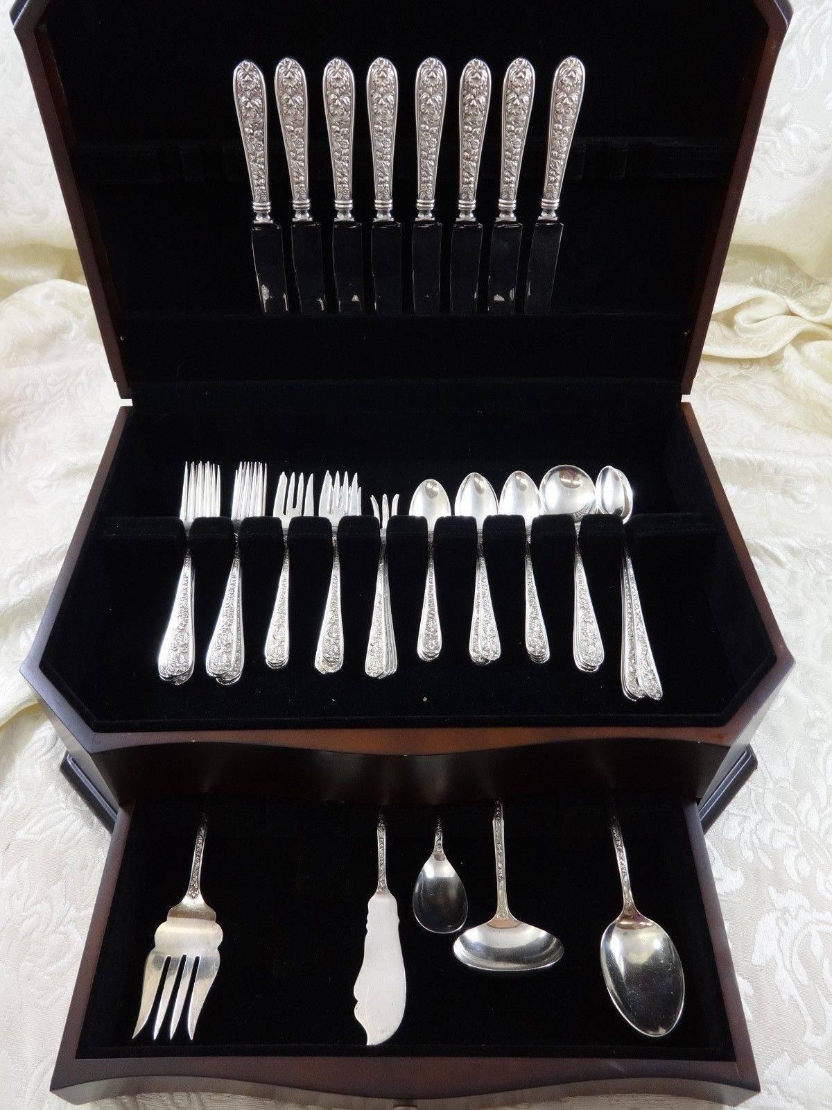 Beautiful Corsage by Stieff sterling silver flatware set of 69 pieces. This set includes:

Eight knives, 9