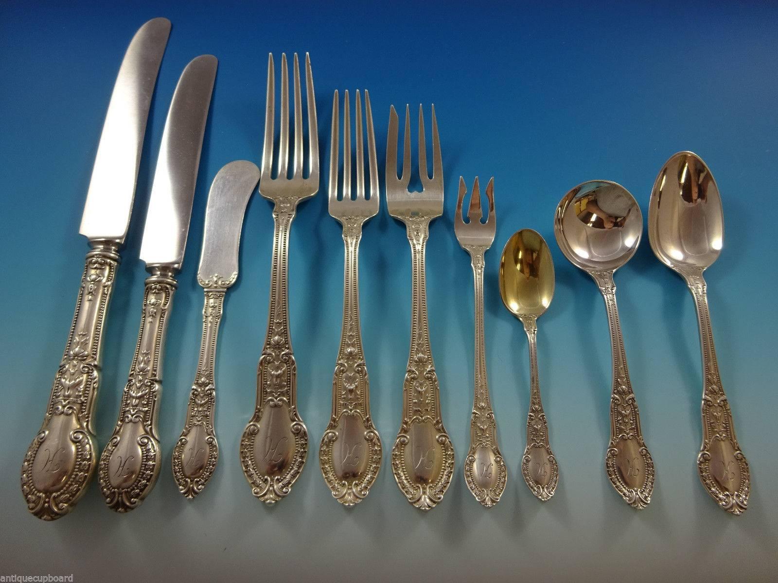 Tuileries by Gorham sterling silver flatware set of 168 pieces. This pattern was introduced by Gorham in the year 1906. This set includes:

12 dinner size knives, 9 5/8