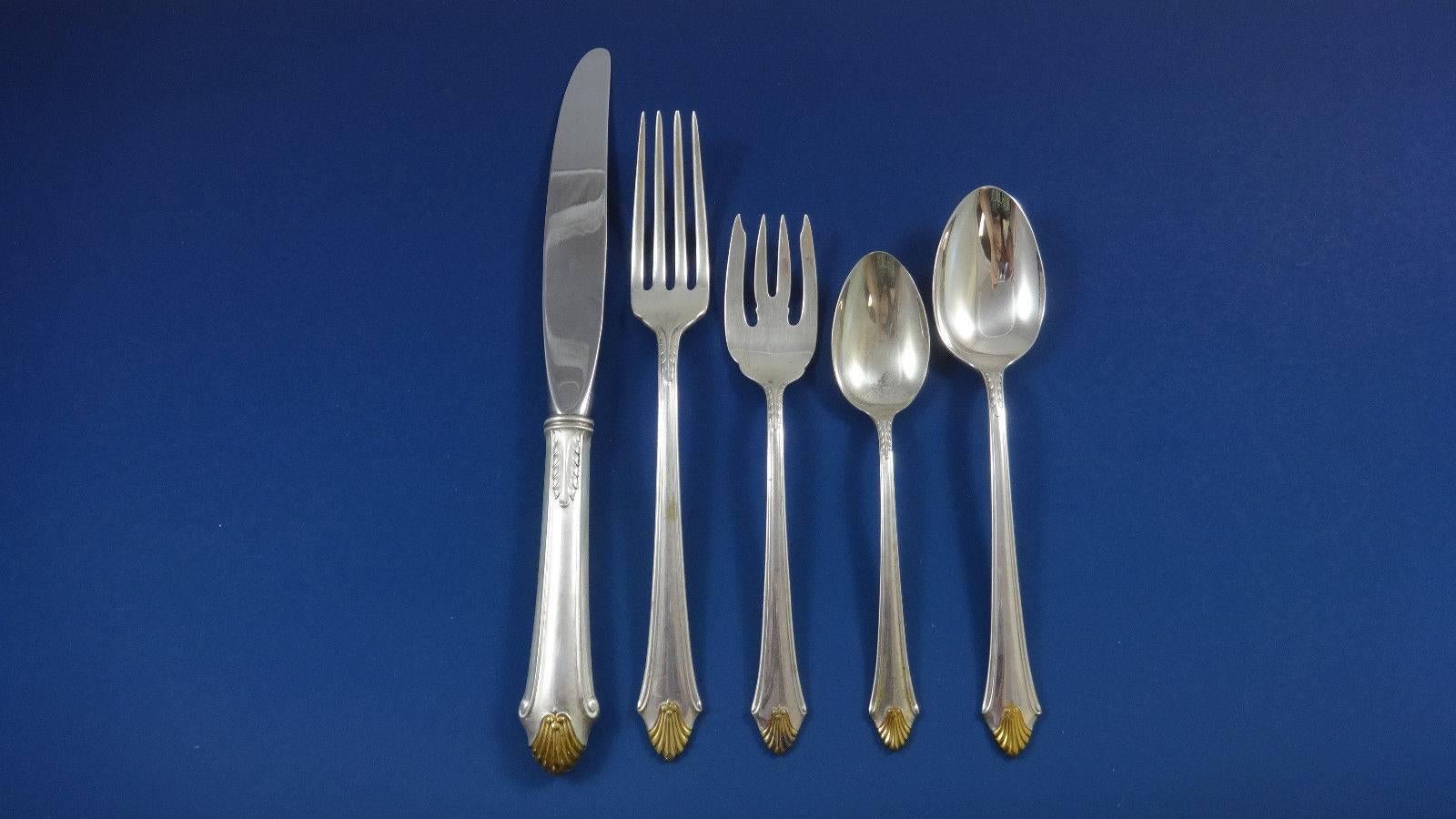 Originally issued in 1987, Edgemont Gold by Gorham has symmetrical flutes that adorn the end of the flatware, flaring in an unmistakable pattern.

Dinner size estate Edgemont Gold by Gorham sterling silver flatware set of 44 pieces. This set
