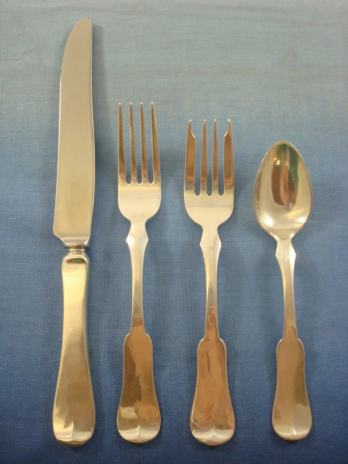 Fiddle by Lewis Wise Sterling Silver Flatware Set Service Hand-Wrought 48 Pieces In Excellent Condition In Big Bend, WI