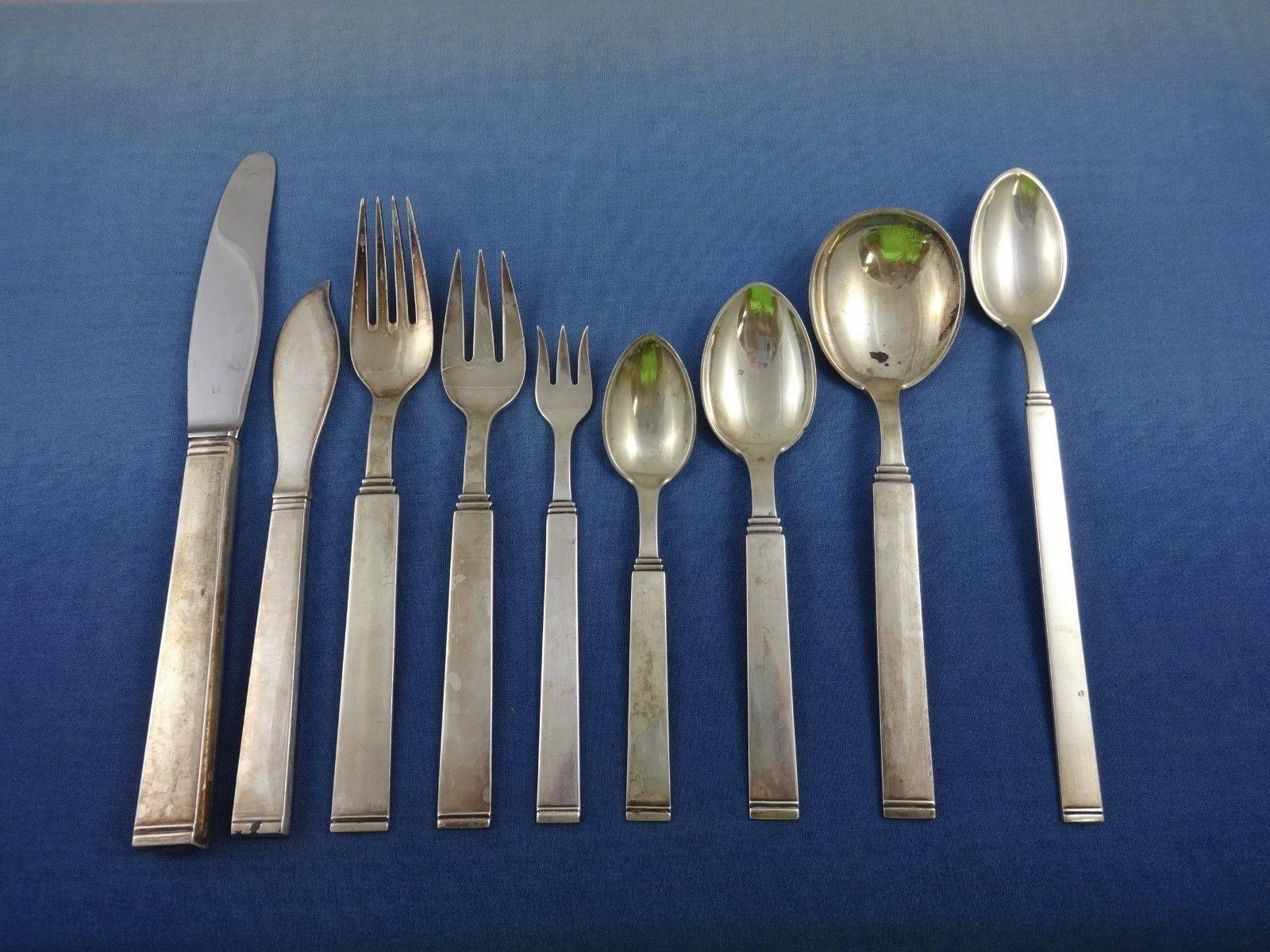Funkis by Sorensen Danish sterling silver flatware set of 83 pieces. This set includes:

Eight knives, (7) - 8 3/8