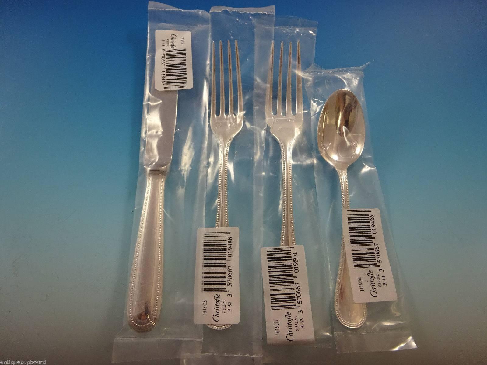 French Perles by Christofle Sterling Silver Flatware Service Set 12 Dinner 120 Pcs, New