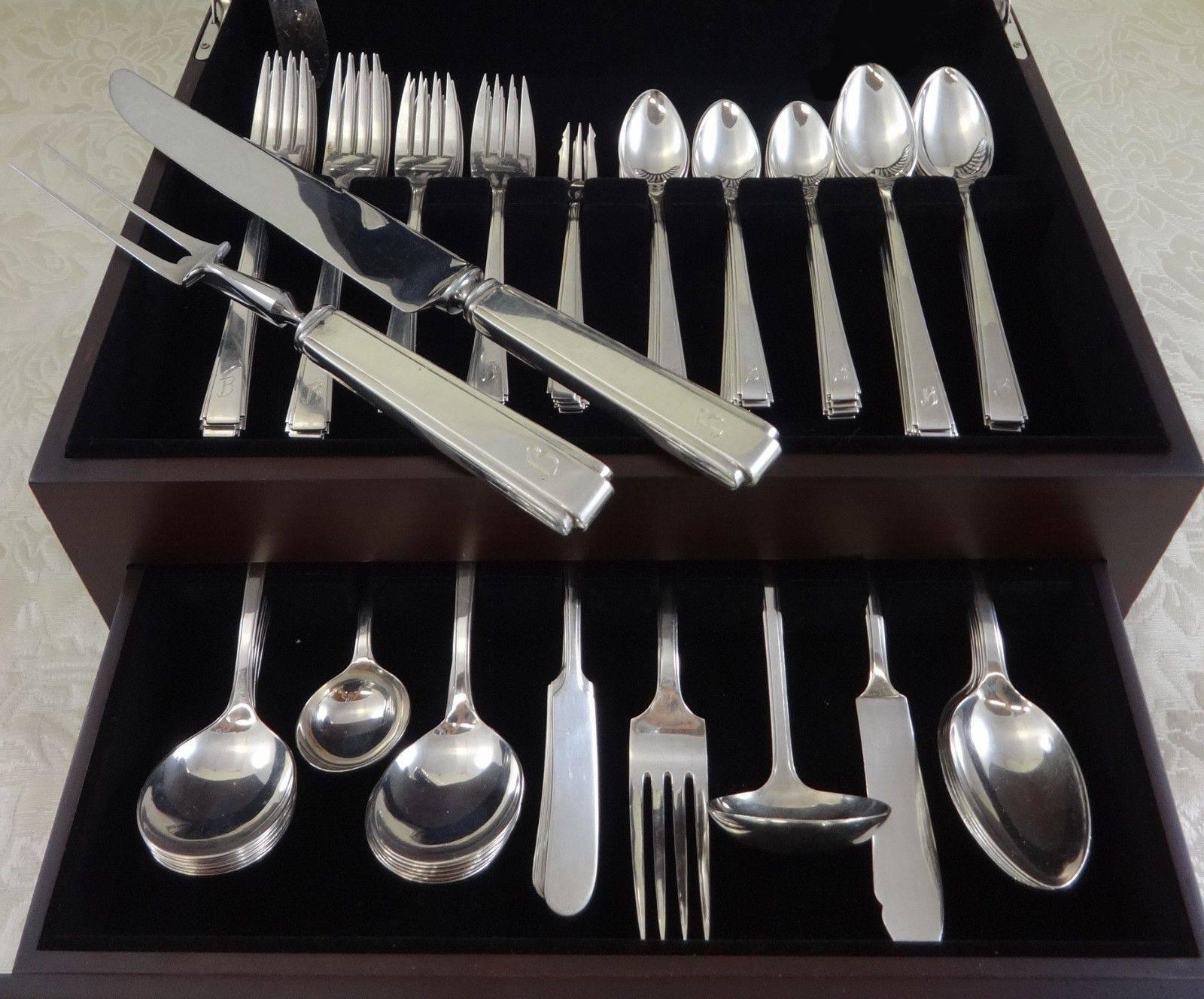 This large 119 piece Japanese silver modernism style silver flatware set (reminiscent of Modern Classic by Lunt) has a higher silver content than standard American sterling flatware. 925. This set is 950 silver. This good looking set has clean lines