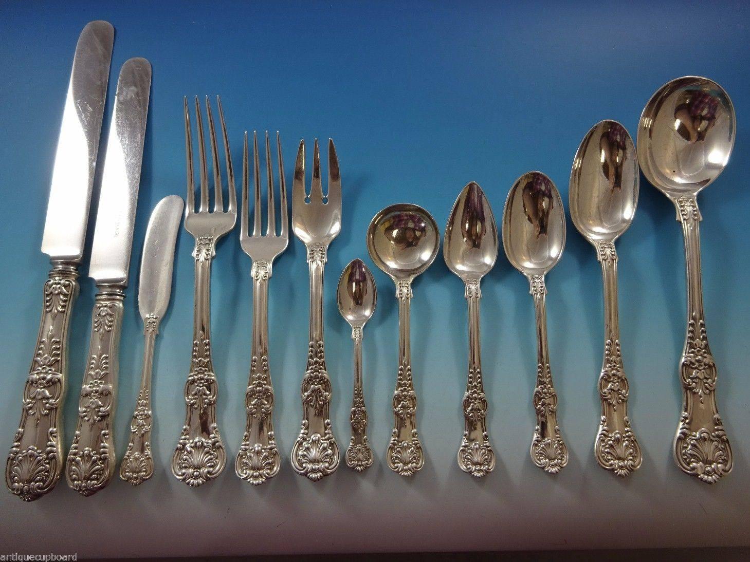 Monumental ENGLISH KING BY TIFFANY & CO. sterling silver Flatware set for 12 in vintage fitted chest - 148 pieces. This set includes:
12 DINNER SIZE KNIVES 10 1/4