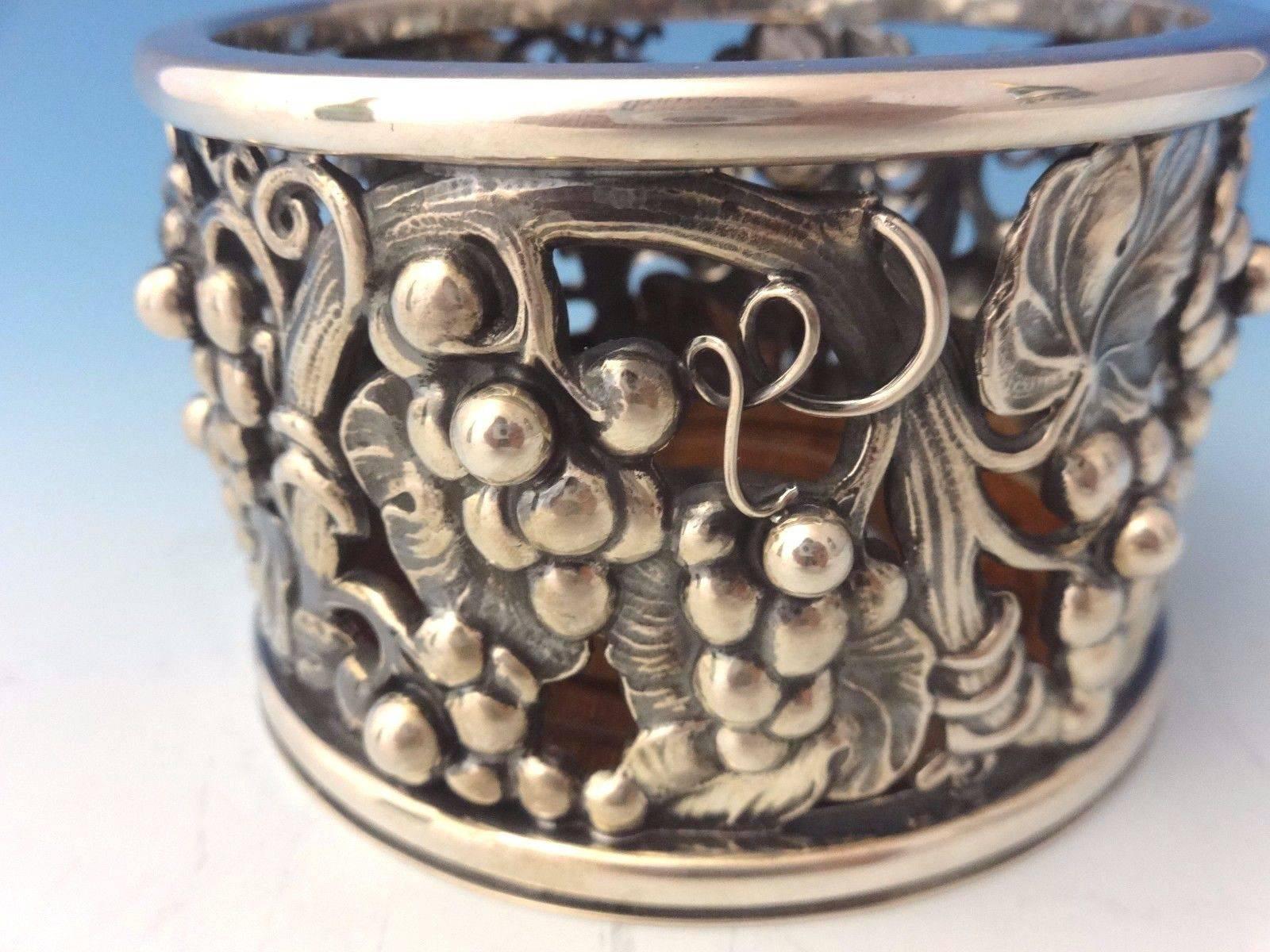 Evald Nielsen Danish Sterling Silver Wine Coasters Pair Grape Motif Hollowware In Excellent Condition In Big Bend, WI