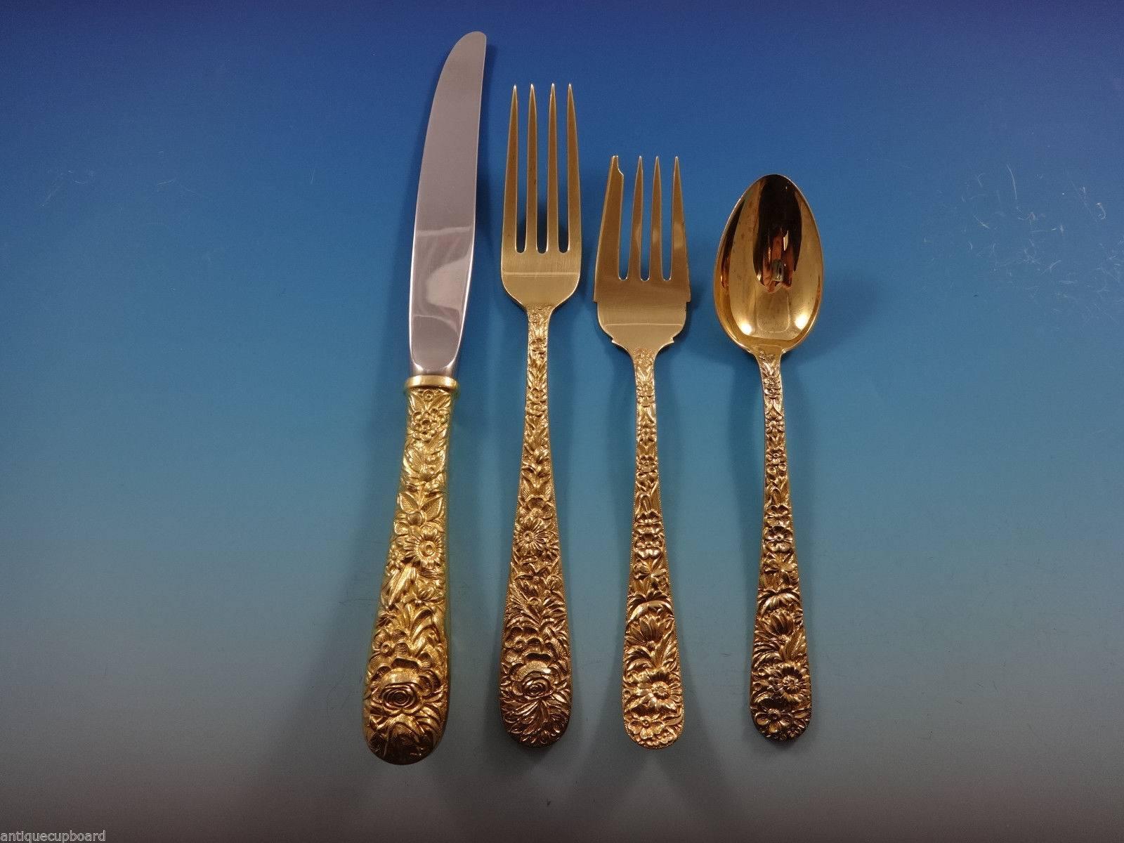 American Repousse by Kirk Sterling Silver Flatware Set for Four Service 25 Pieces Vermeil