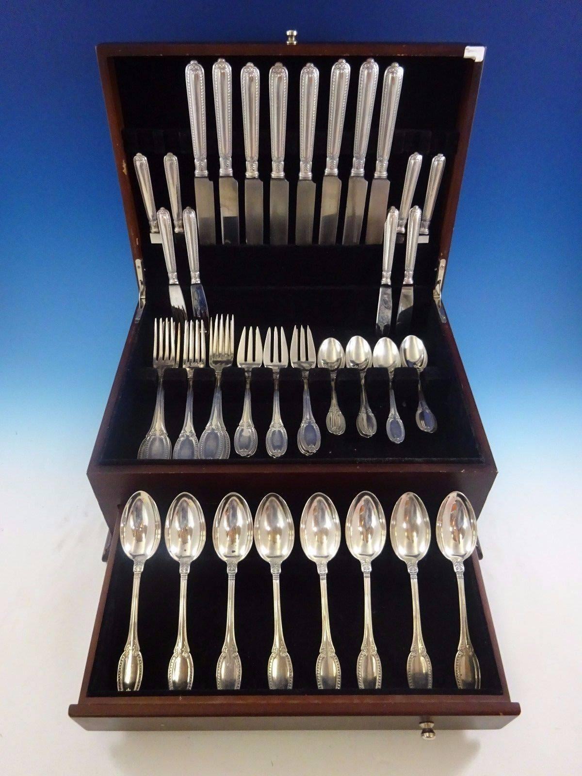Empire by Buccellati sterling silver flatware set of 48 pieces. This set includes: 4 Dinner knives, 9 7/8", 4 Dinner Knives, 10", 8 Dinner Forks, 8 3/8", 8 Salad / Fish Forks, 3-tine, 7", 8 Teaspoons, 6", 8 Place Soup