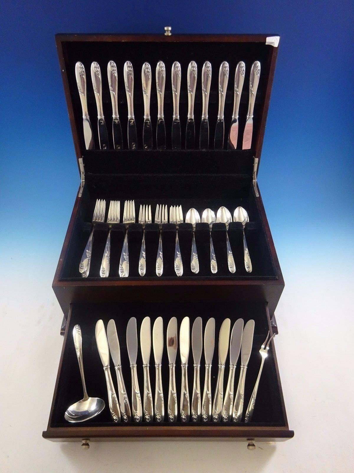 Stunning Rosecrest by Alvin Sterling Silver flatware set of 62 pieces. This set includes:

12 knives, 9