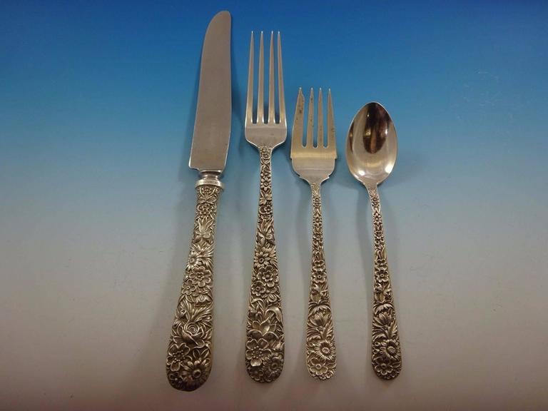 Repousse by Kirk Sterling Silver Flatware Service for 12 Set 143 Pcs Dinner Size In Excellent Condition For Sale In Big Bend, WI