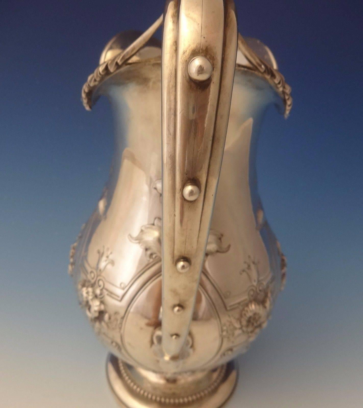 19th Century Gorham Coin Silver Water Pitcher with Chased Flowers and Classical Beading