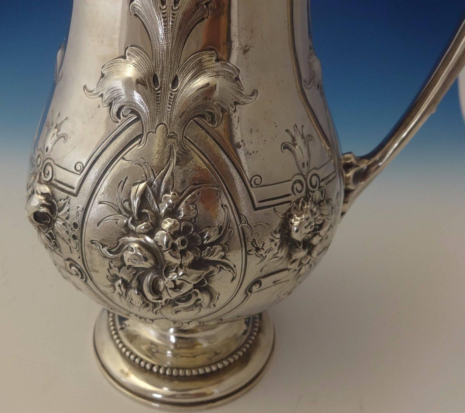 Gorham Coin Silver Water Pitcher with Chased Flowers and Classical Beading In Excellent Condition In Big Bend, WI