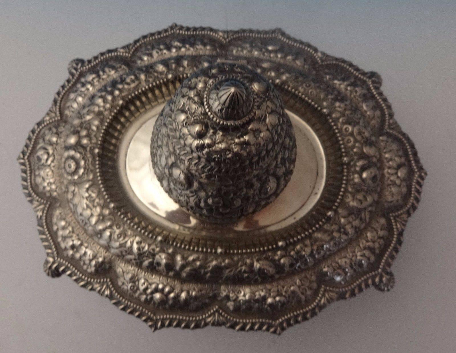 19th Century Repousse Gorham Sterling Silver Inkwell Custom Order Ornate, 1887 Hollowware For Sale
