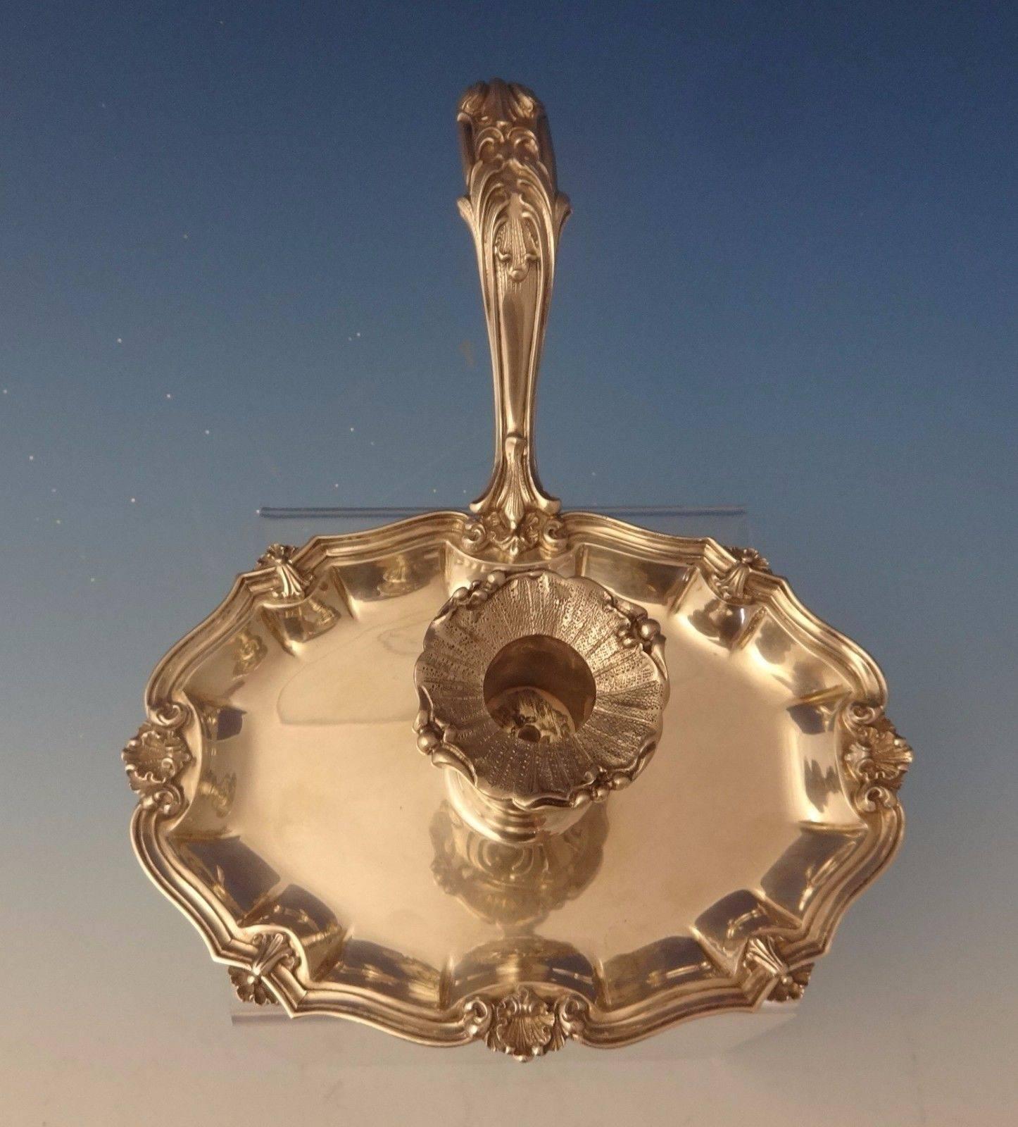 Grande Imperiale by Buccellati.
Italian sterling silver.
Impressive Grande Imperiale by Buccellati chamber stick. It features ornate detail, a handle, and applied feet. The piece dates from about 1975, it measures 8 1/2