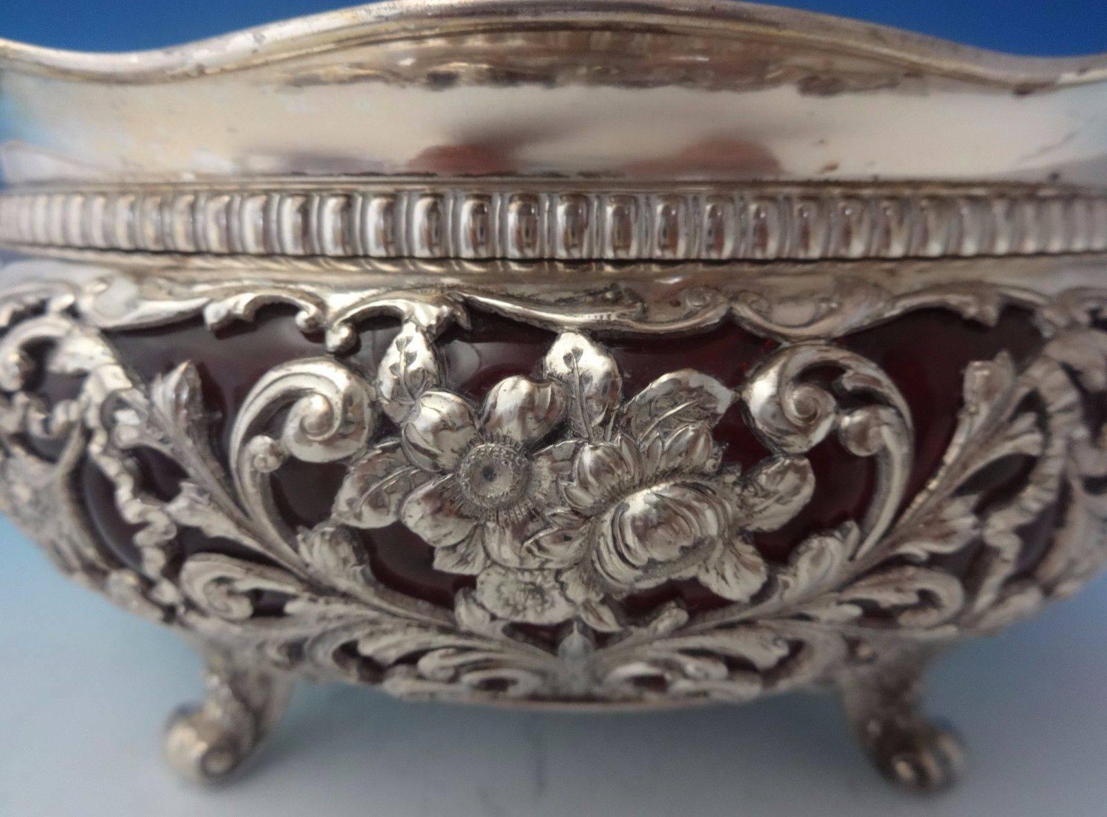 19th Century Gorham Sterling Silver Centerpiece Bowl with Ruby Glass Footed Floral Pierced