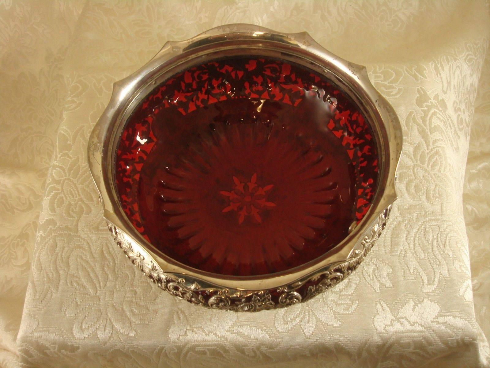 Gorham Sterling Silver Centerpiece Bowl with Ruby Glass Footed Floral Pierced In Excellent Condition In Big Bend, WI