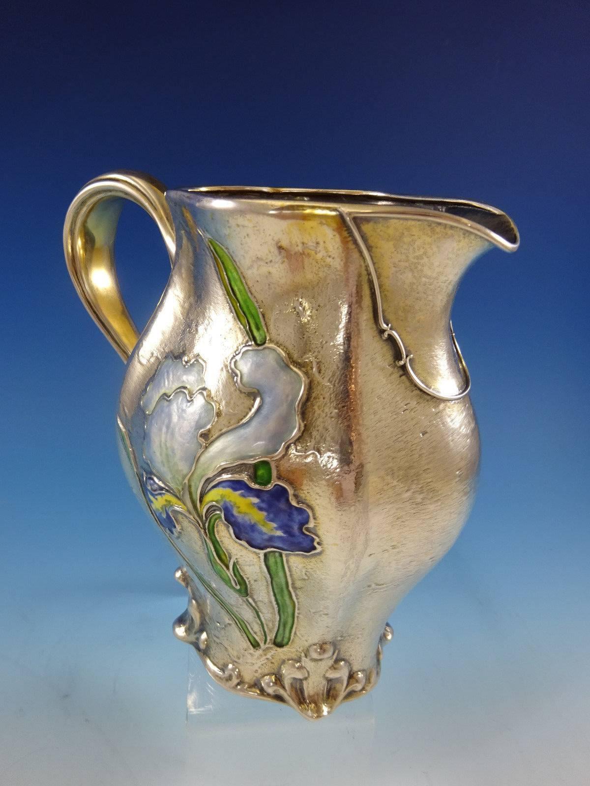 Gorham Enameled Rare Sterling Silver Water Pitcher with Iris, Dated 1897 Antique In Excellent Condition In Big Bend, WI