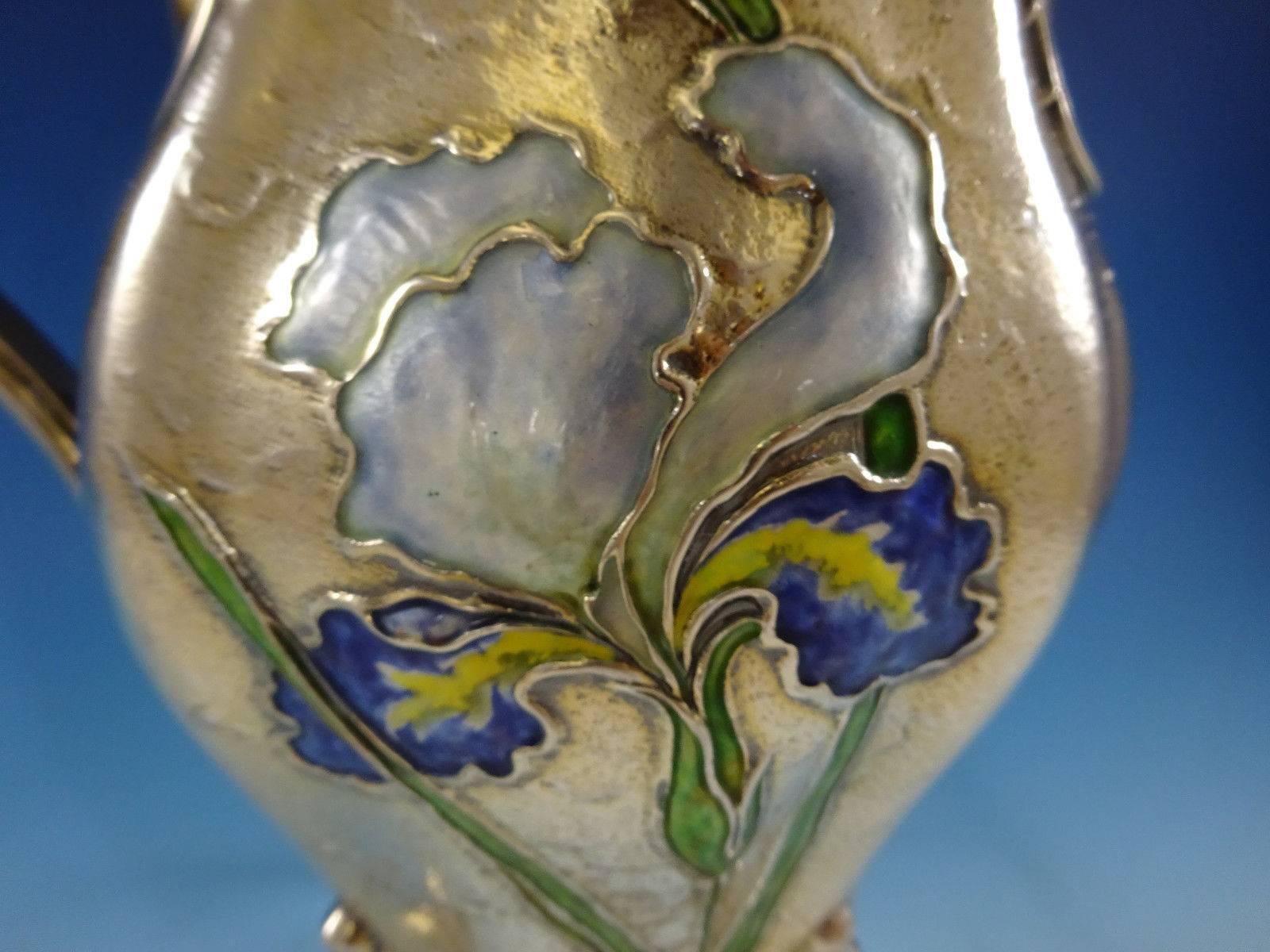 19th Century Gorham Enameled Rare Sterling Silver Water Pitcher with Iris, Dated 1897 Antique