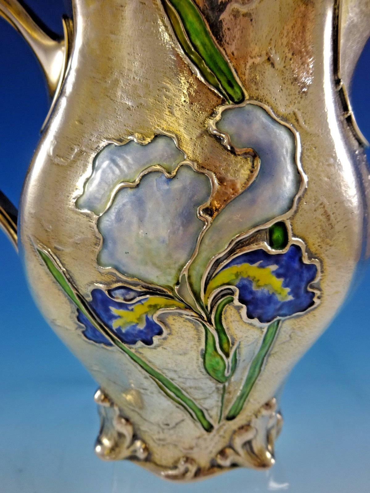 Gorham Enameled Rare Sterling Silver Water Pitcher with Iris, Dated 1897 Antique 2