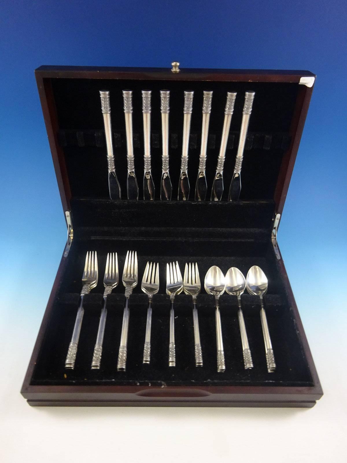 Aegean Weave flatware by Wallace Silver. The birthplace of culture, the Aegean was the sea from which early Mediterranean societies drew their sustenance. The nets and baskets hand woven by fishermen centuries ago are still in use along these