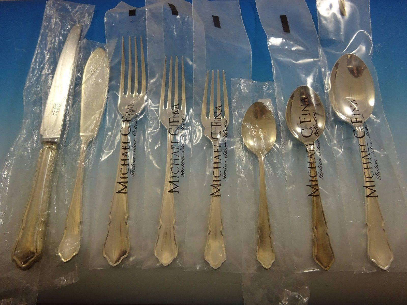 Huge Du Barry by Carrs sterling silver dinner size flatware set, 108 pieces. This set includes:
 
12 dinner knives, 9 7/8