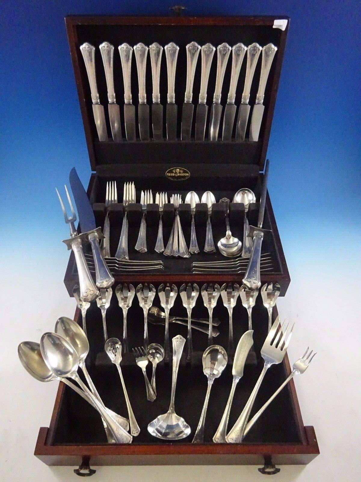 Carmel by Wallace sterling silver dinner size flatware set of 110 pieces. This set includes:

 
12 dinner knives, 9 3/4
