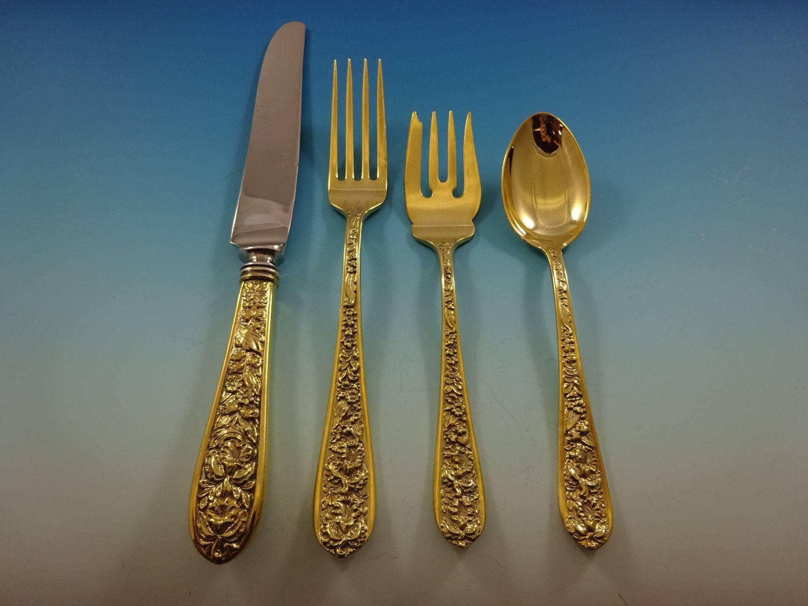 Corsage gold by Stieff sterling silver flatware set of 48 pieces. Gold flatware is on trend and makes a bold statement on your table. This set is vermeil (completely gold-washed over sterling silver) and includes:

12 Knives, 9