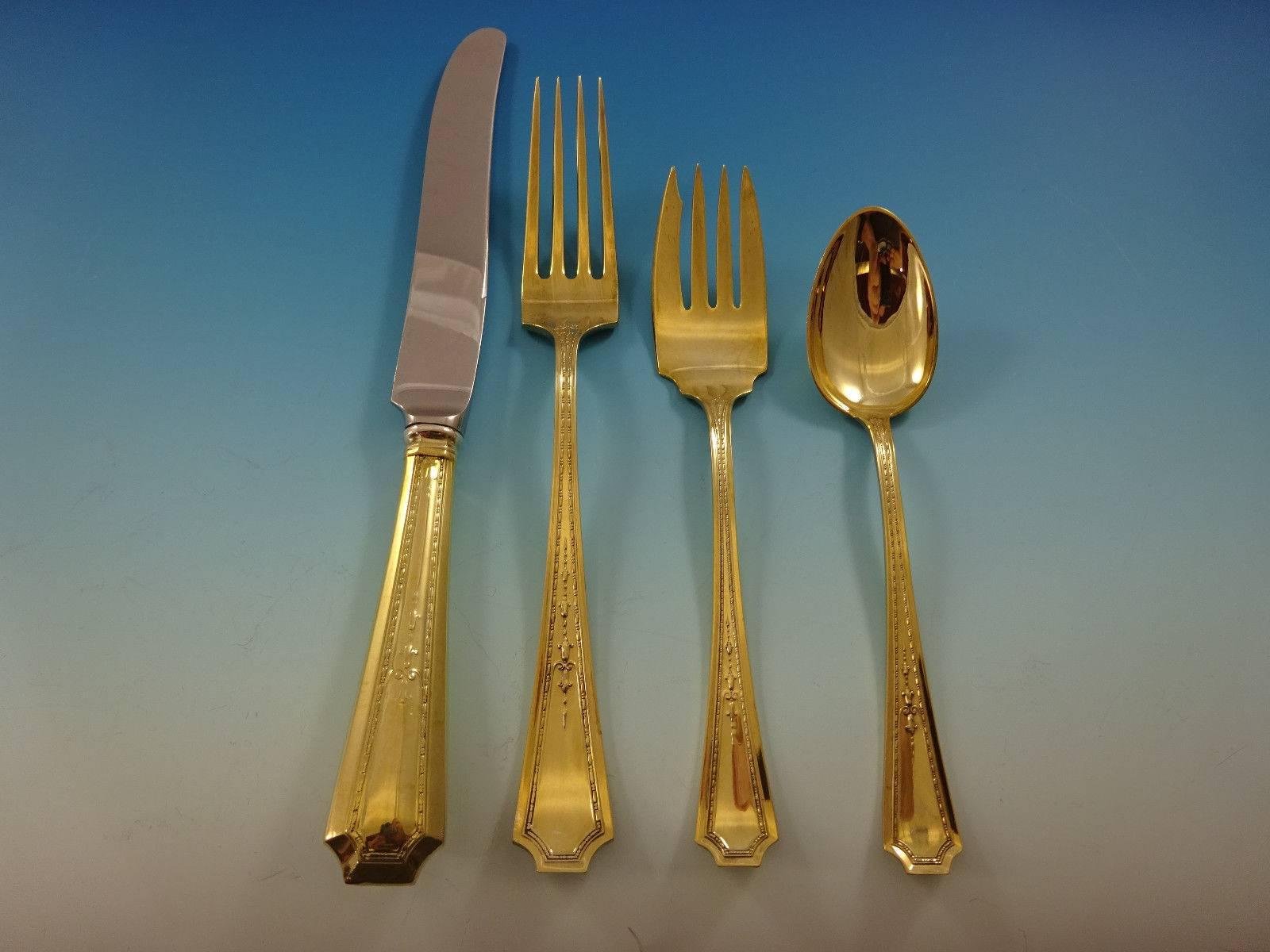 Stunning Colfax Gold by Durgin-Gorham sterling silver flatware set of 48 pieces. Gold flatware is on trend and makes a bold statement on your table. This set is vermeil (completely gold-washed over sterling silver) and includes:

 
12 knives, 8