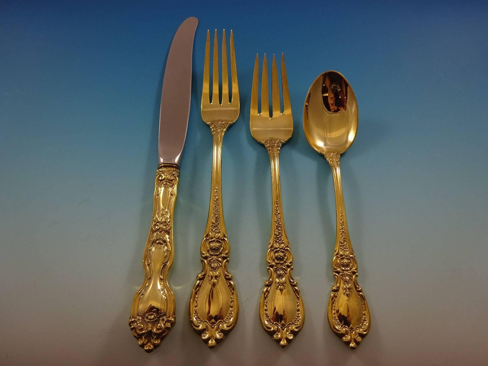 Stunning Charlemagne gold by Towle sterling silver flatware set-48 pieces. Gold flatware is on trend and makes a bold statement on your table. This set is vermeil (completely gold-washed over sterling silver) and includes:

12 knives, 9
