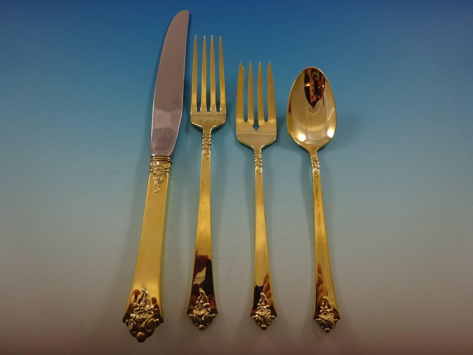 Stunning castle rose gold by Royal Crest sterling silver flatware set of 48 pieces. Gold flatware is on trend and makes a bold statement on your table. This set is vermeil (completely gold-washed) and includes:

12 Knives, 9 1/8